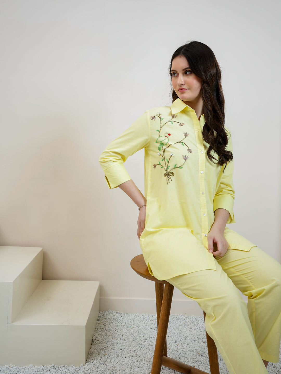 embroidered pure cotton shirt collar shirt with trousers co ords 2