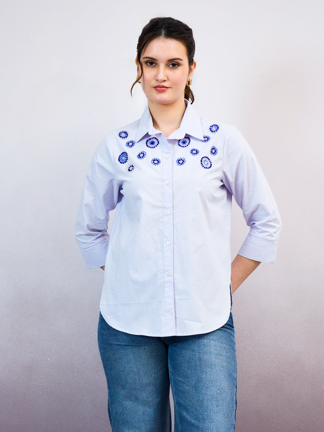 shally bhasin by athena spread collar embellished standard relaxed fit cotton shirt
