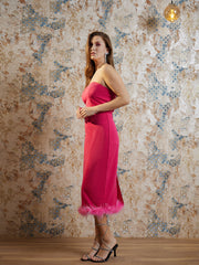 athena fuchsia fringed detailed strapless scuba bodycon midi dress