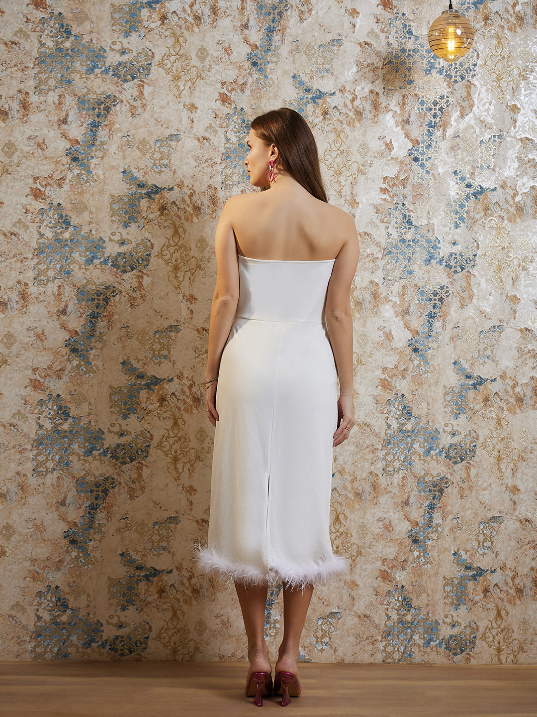 athena white fringed detailed strapless scuba bodycon midi dress