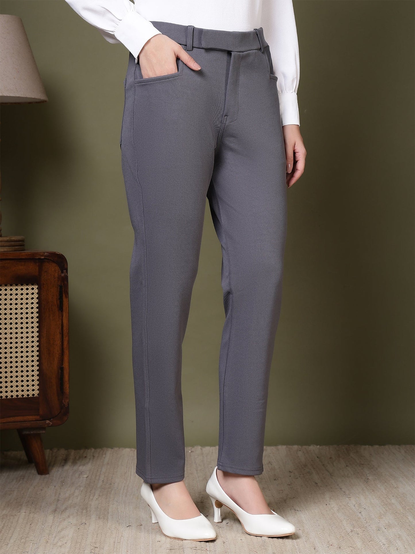 women high rise slim fit formal office wear trousers 1