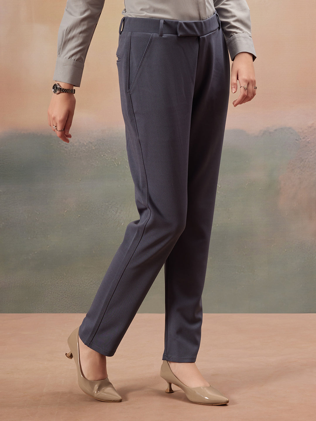 women mid rise wrinkle free plain formal trousers 1