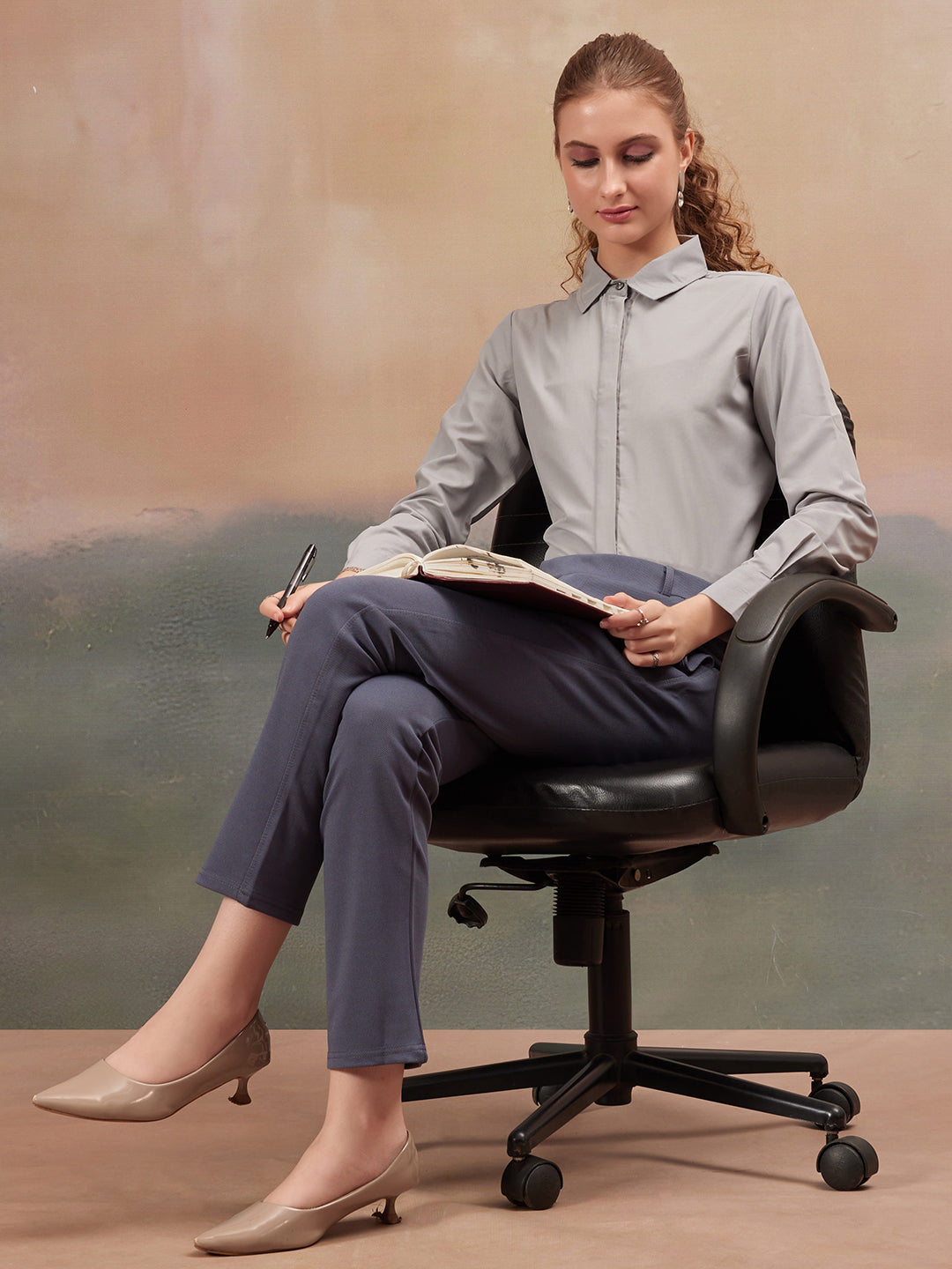women mid rise wrinkle free plain formal trousers 1