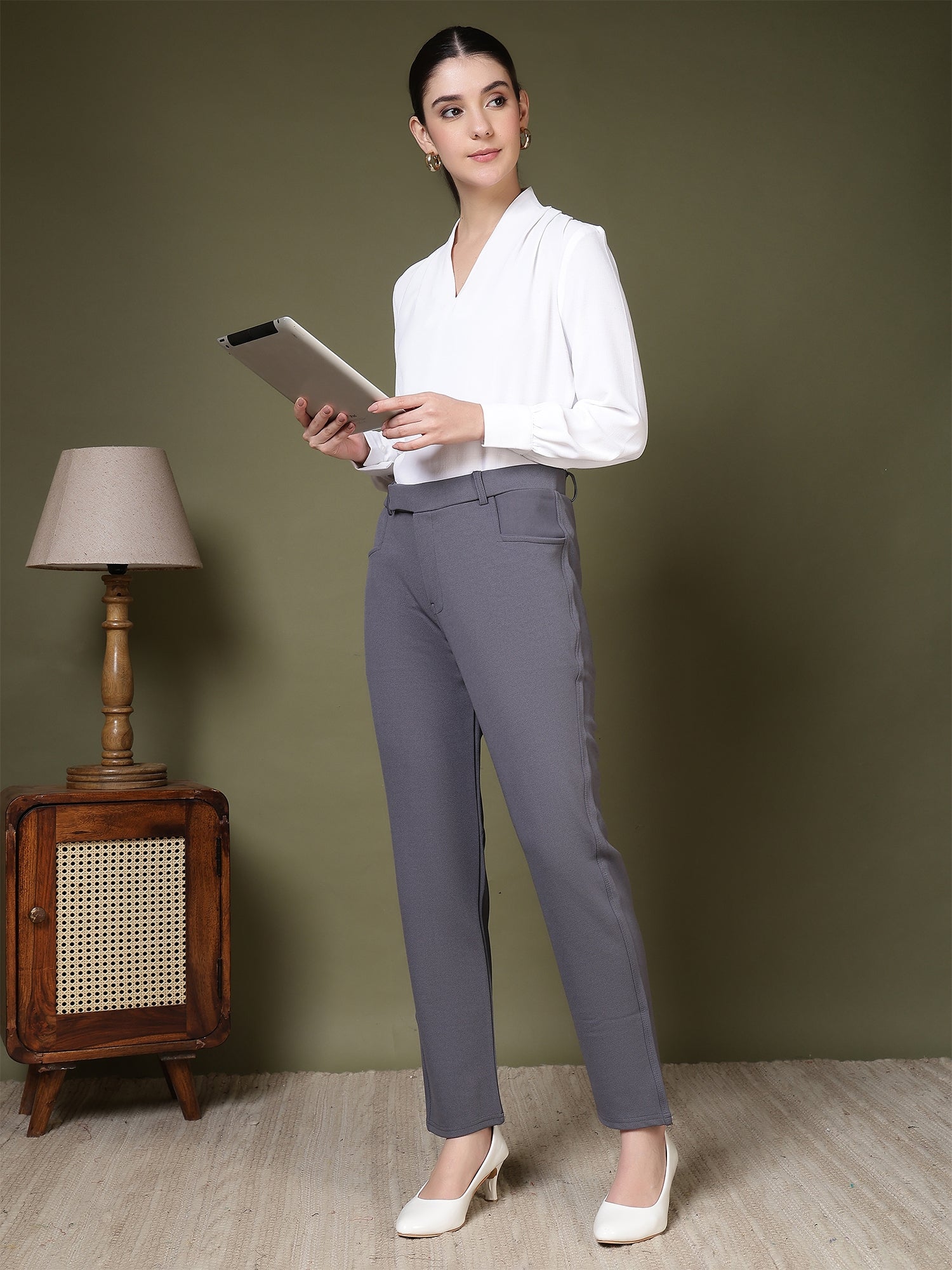 women high rise slim fit formal office wear trousers 1