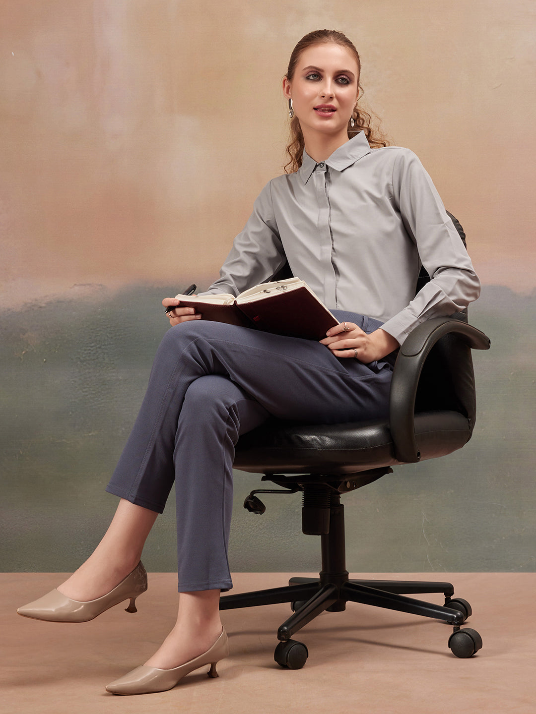 women mid rise wrinkle free plain formal trousers 1