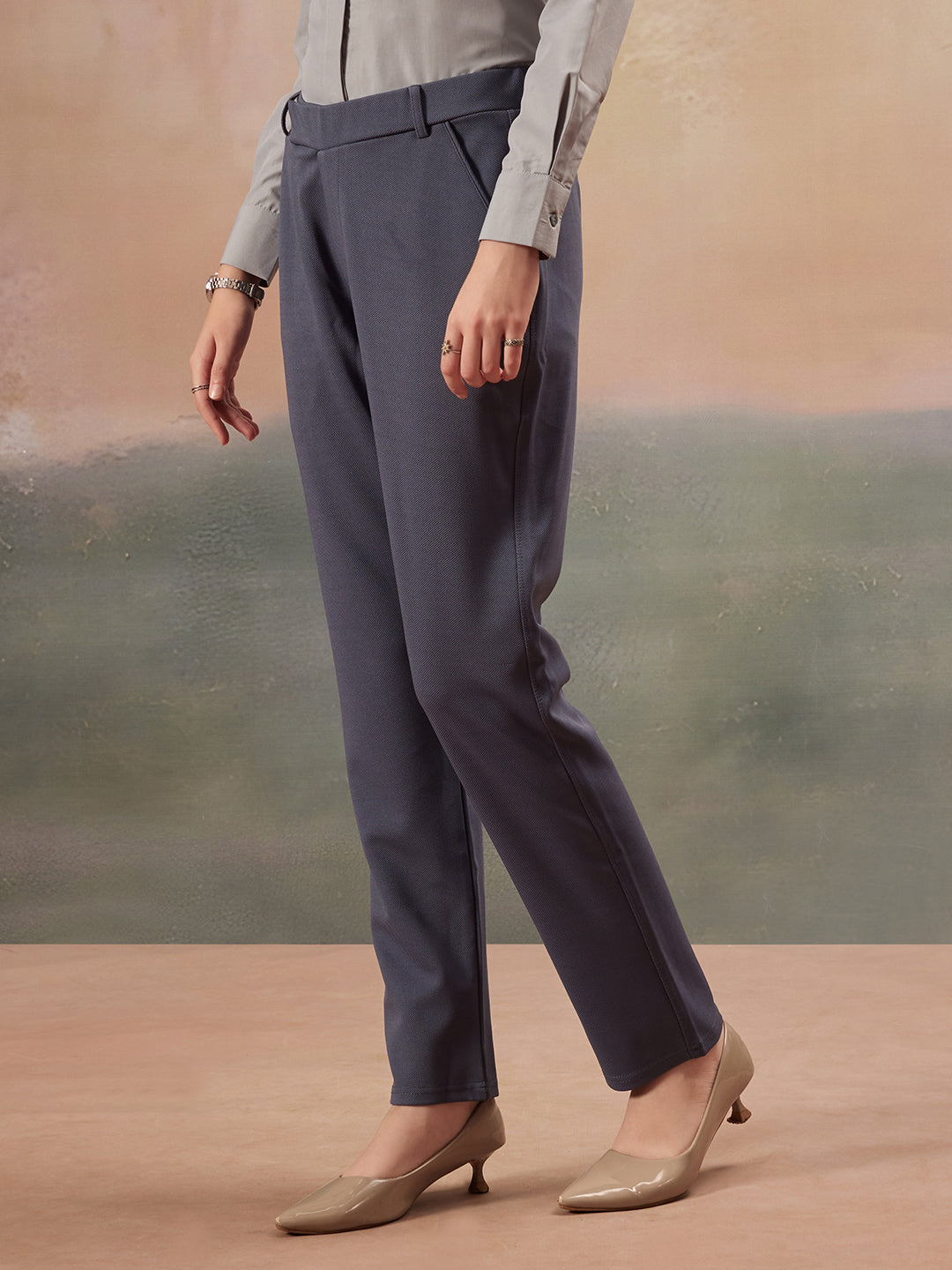 women mid rise wrinkle free plain formal trousers 1