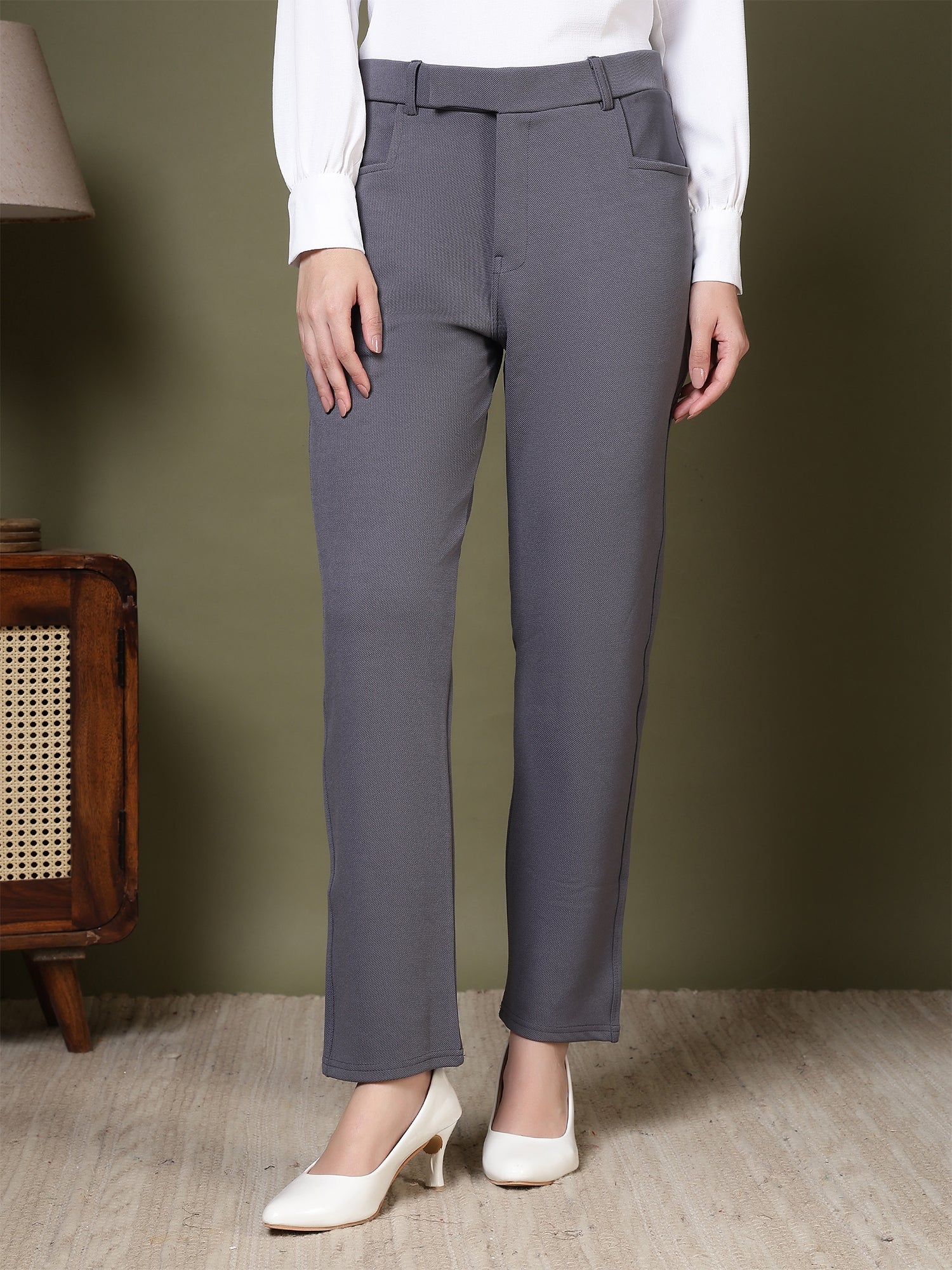 women high rise slim fit formal office wear trousers 1
