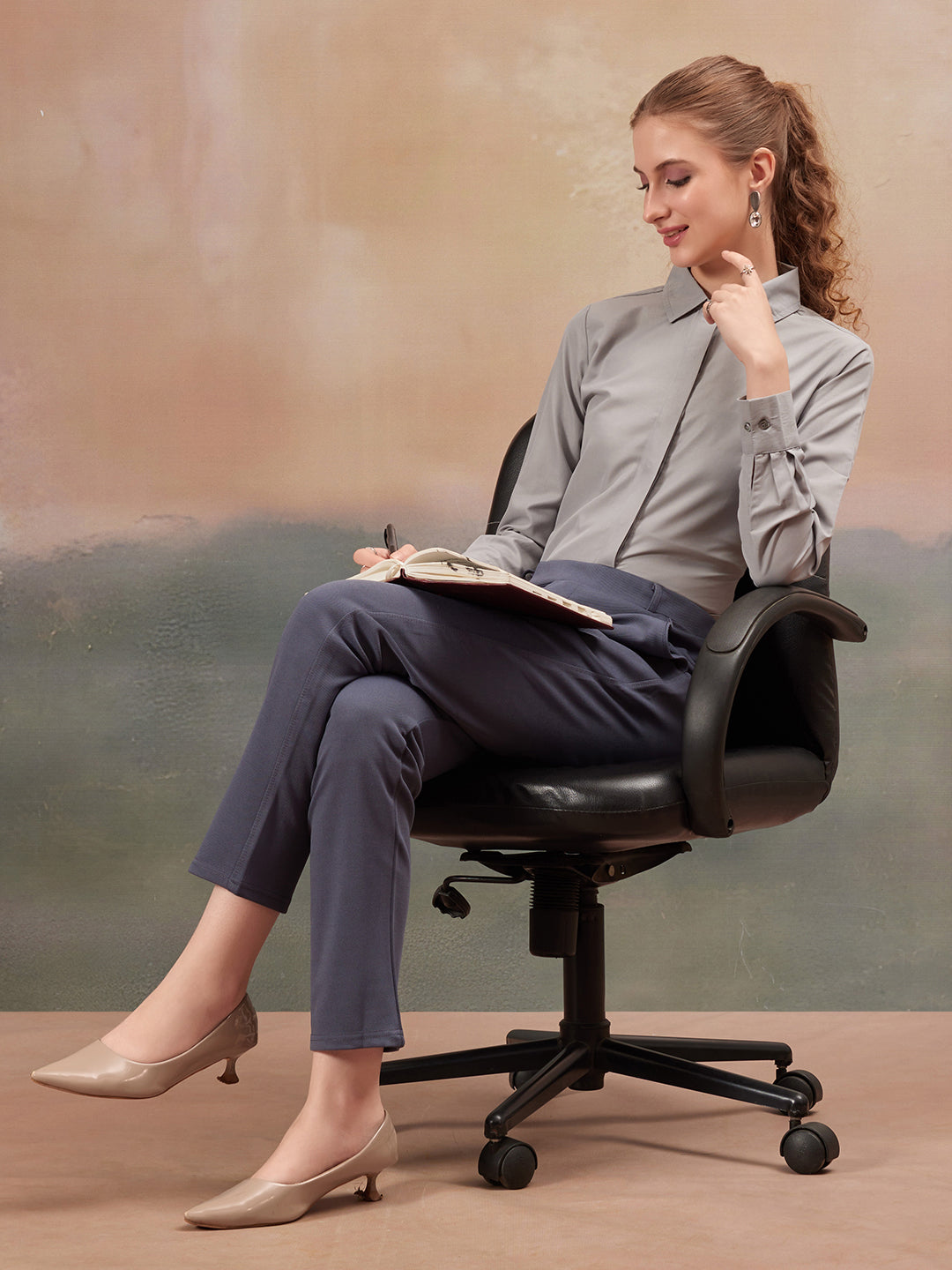 women mid rise wrinkle free plain formal trousers 1