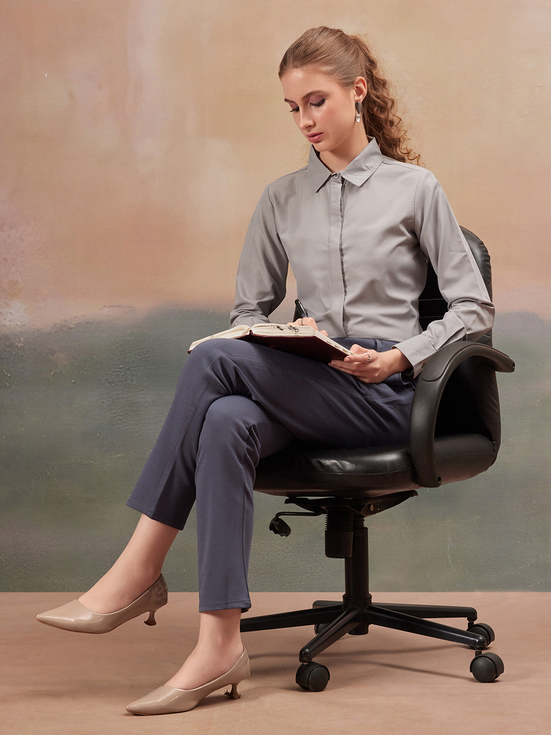 women mid rise wrinkle free plain formal trousers 1