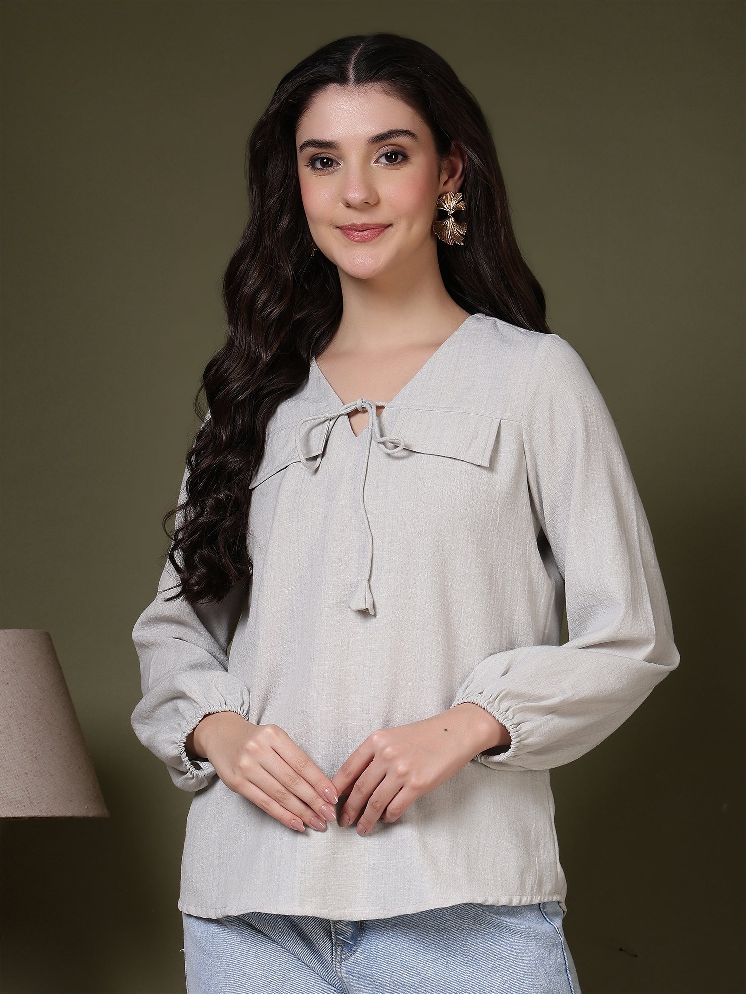 women tie neck long sleeve casual top for office daily wear 1