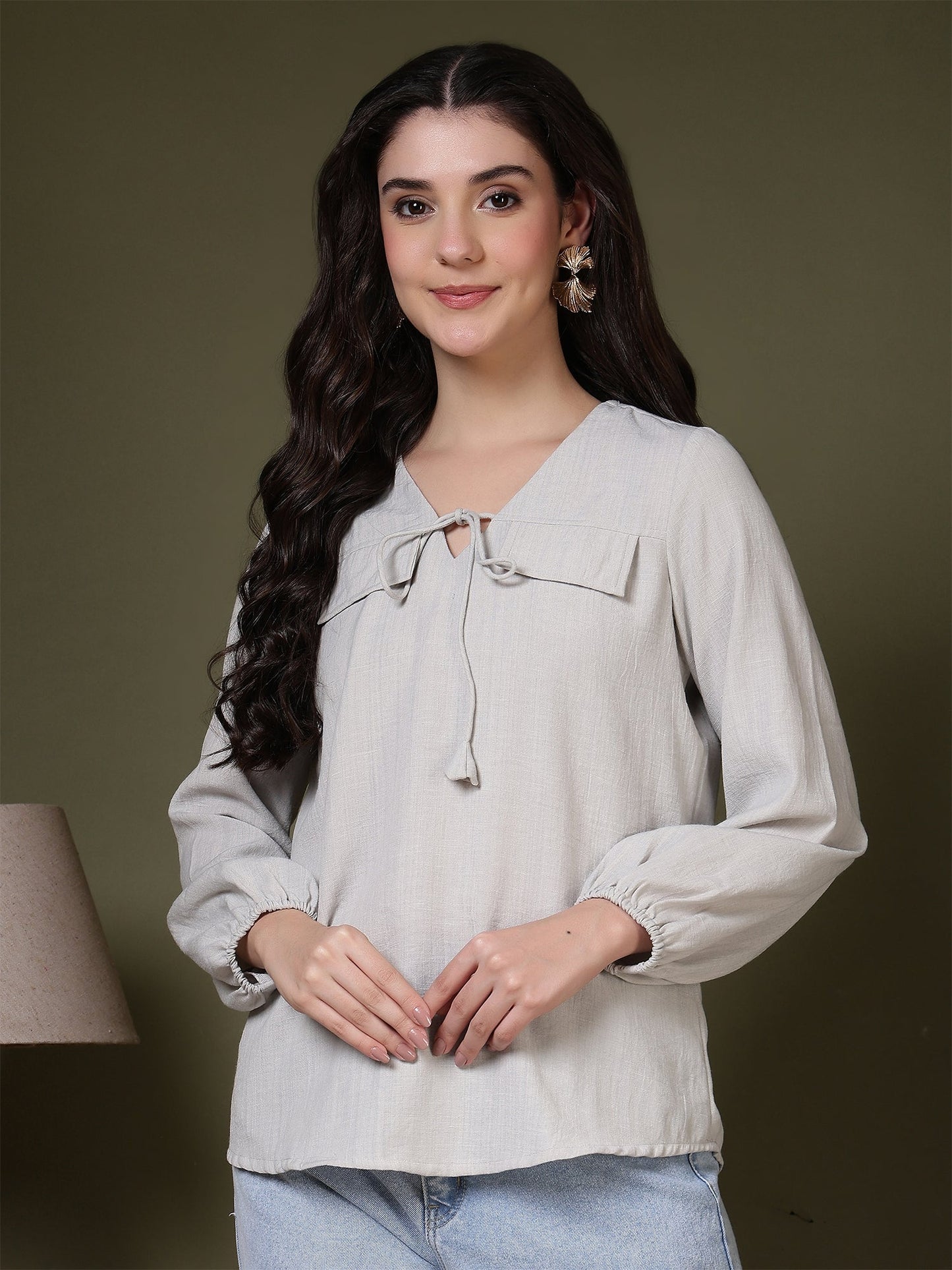 women tie neck long sleeve casual top for office daily wear 1