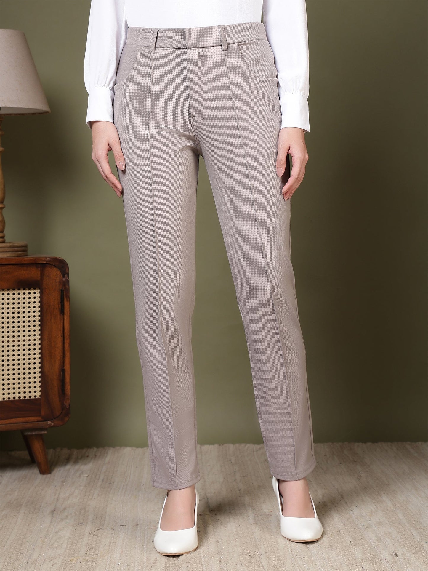 women straight fit formal trousers with front seam detailing