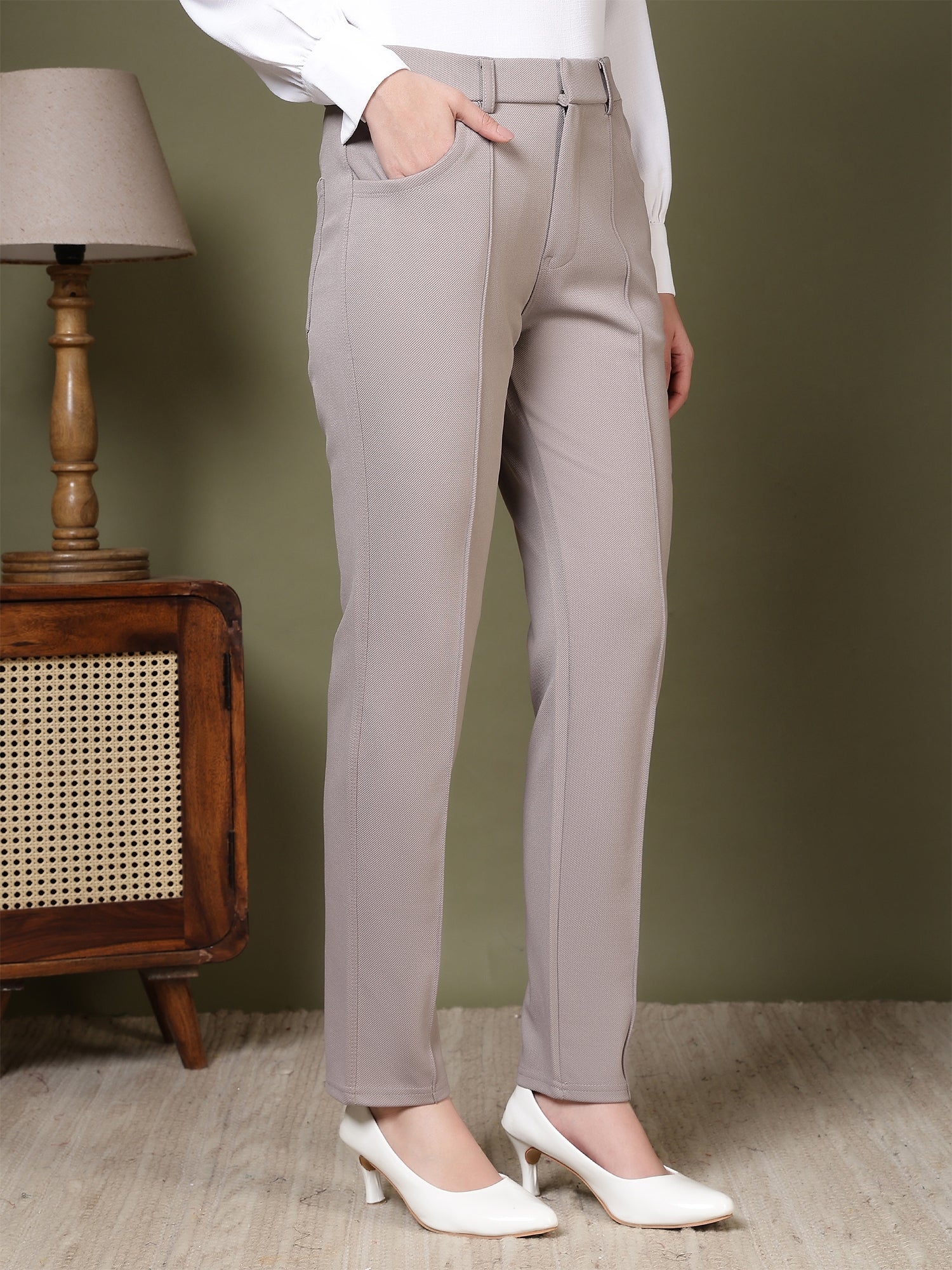 women straight fit formal trousers with front seam detailing