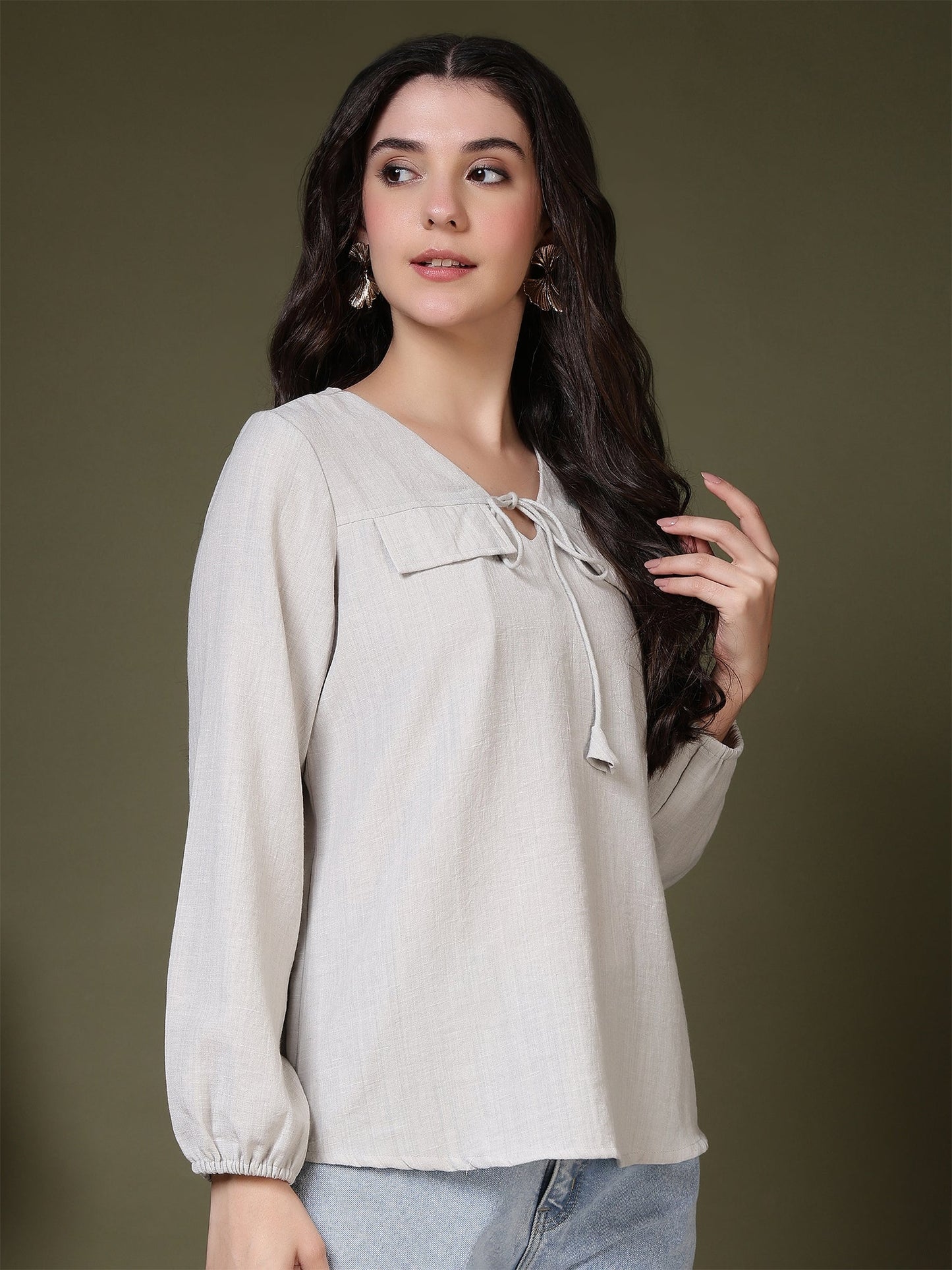 women tie neck long sleeve casual top for office daily wear 1