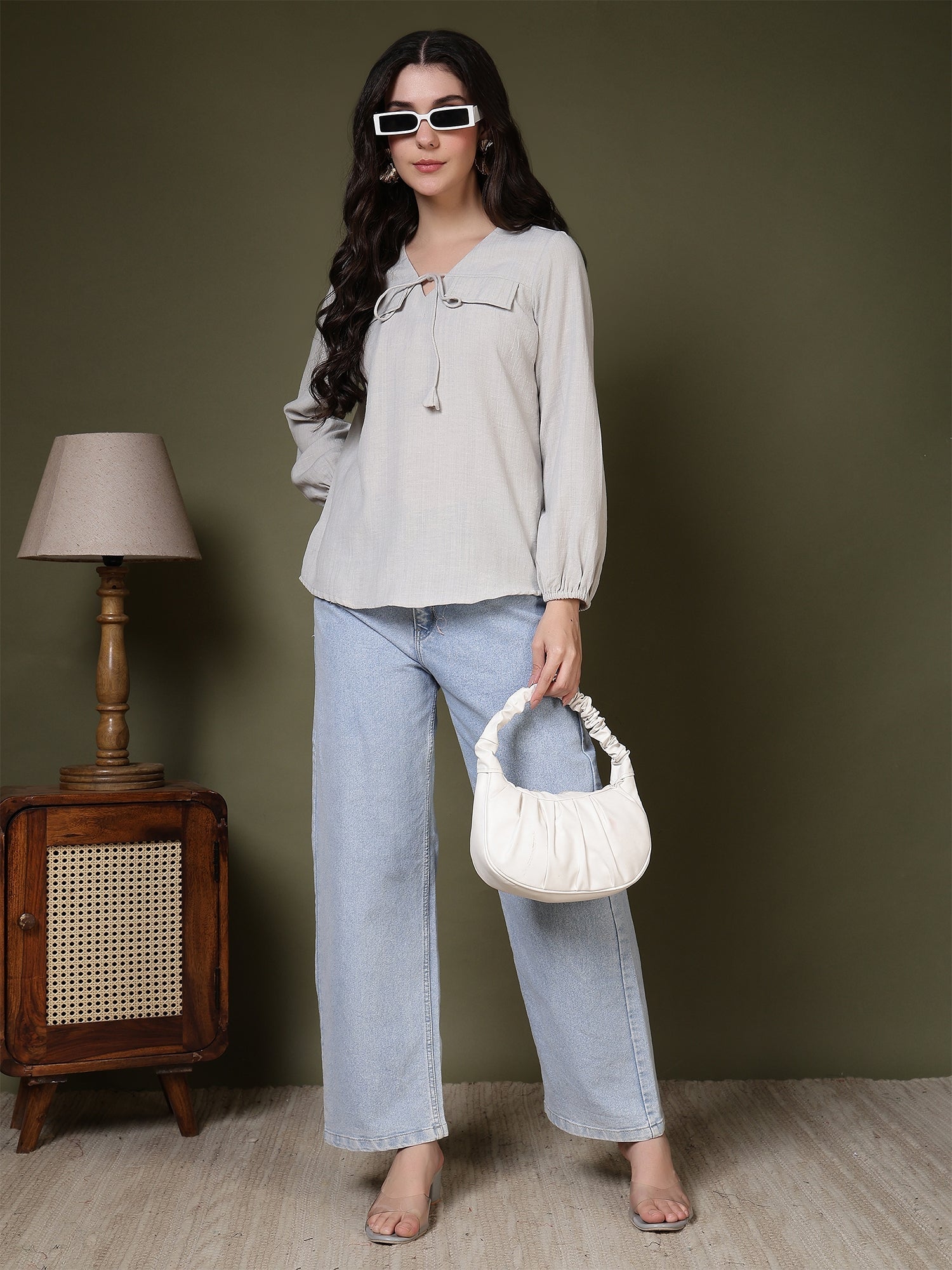women tie neck long sleeve casual top for office daily wear 1