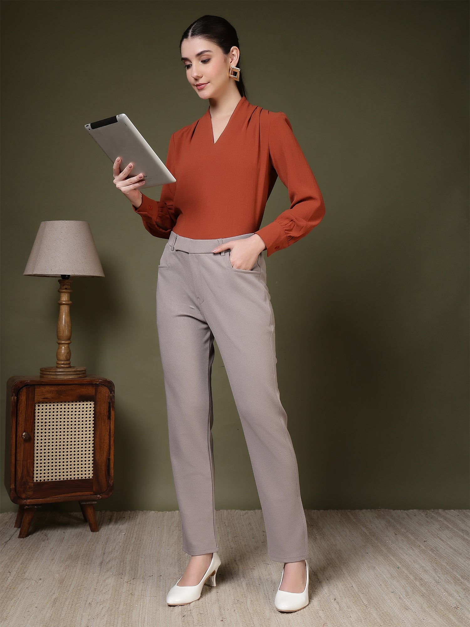 women high rise slim fit formal office wear trousers 1