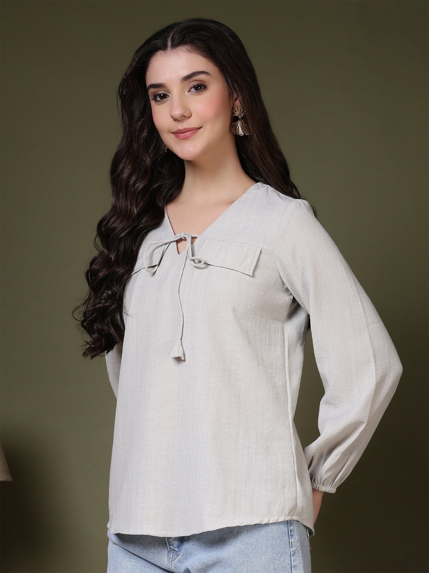 women tie neck long sleeve casual top for office daily wear 1