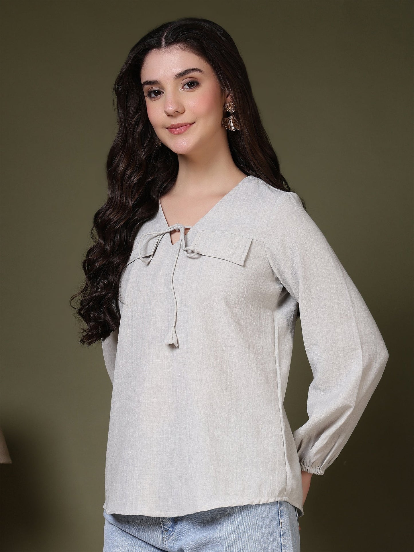 women tie neck long sleeve casual top for office daily wear 1