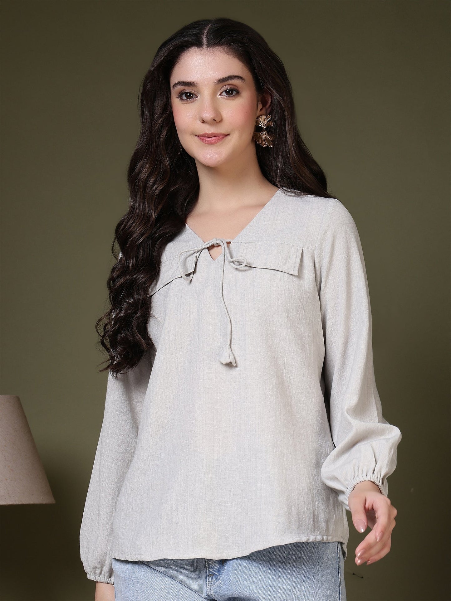 women tie neck long sleeve casual top for office daily wear 1