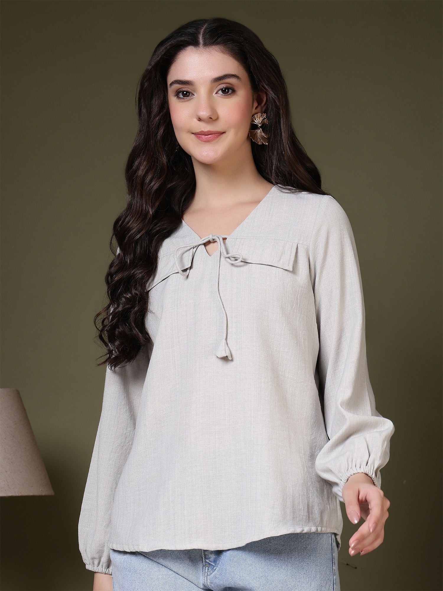 women tie neck long sleeve casual top for office daily wear 1