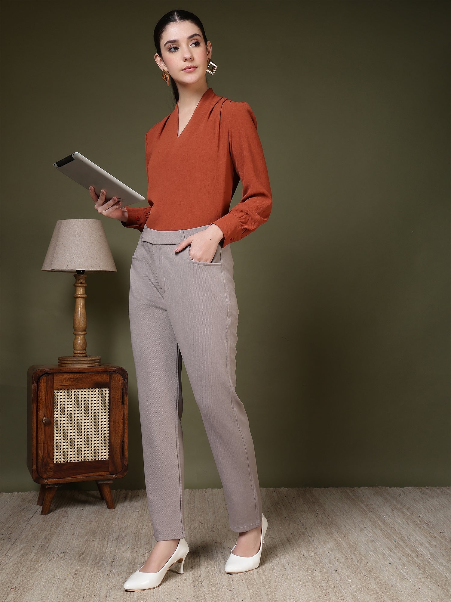 women high rise slim fit formal office wear trousers 1