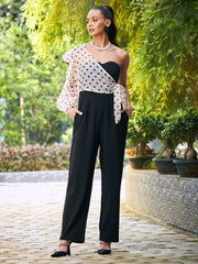 athena women stylish black printed one shoulder jumpsuit