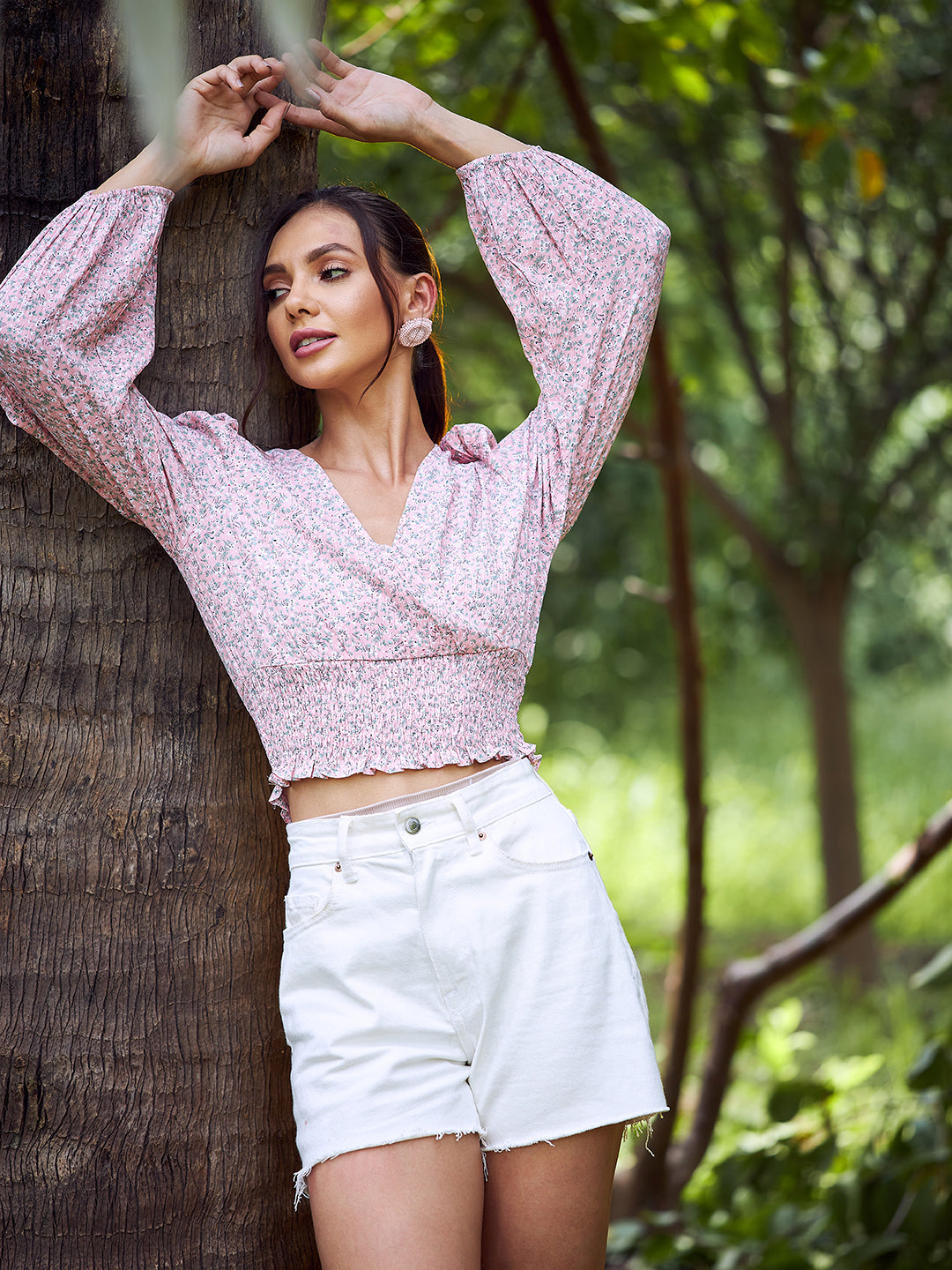 athena women pink green floral print wrap crop top