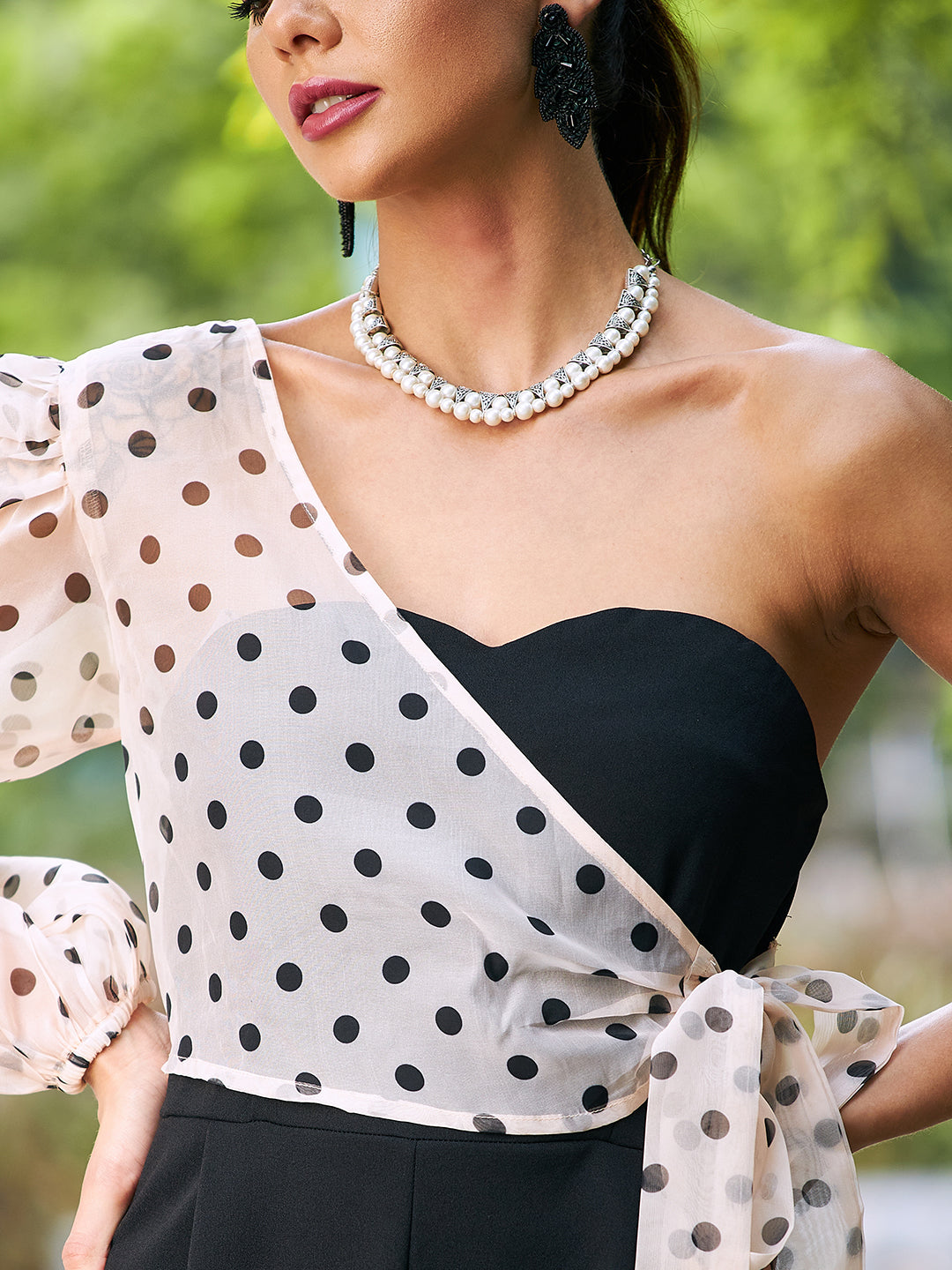 athena women stylish black printed one shoulder jumpsuit