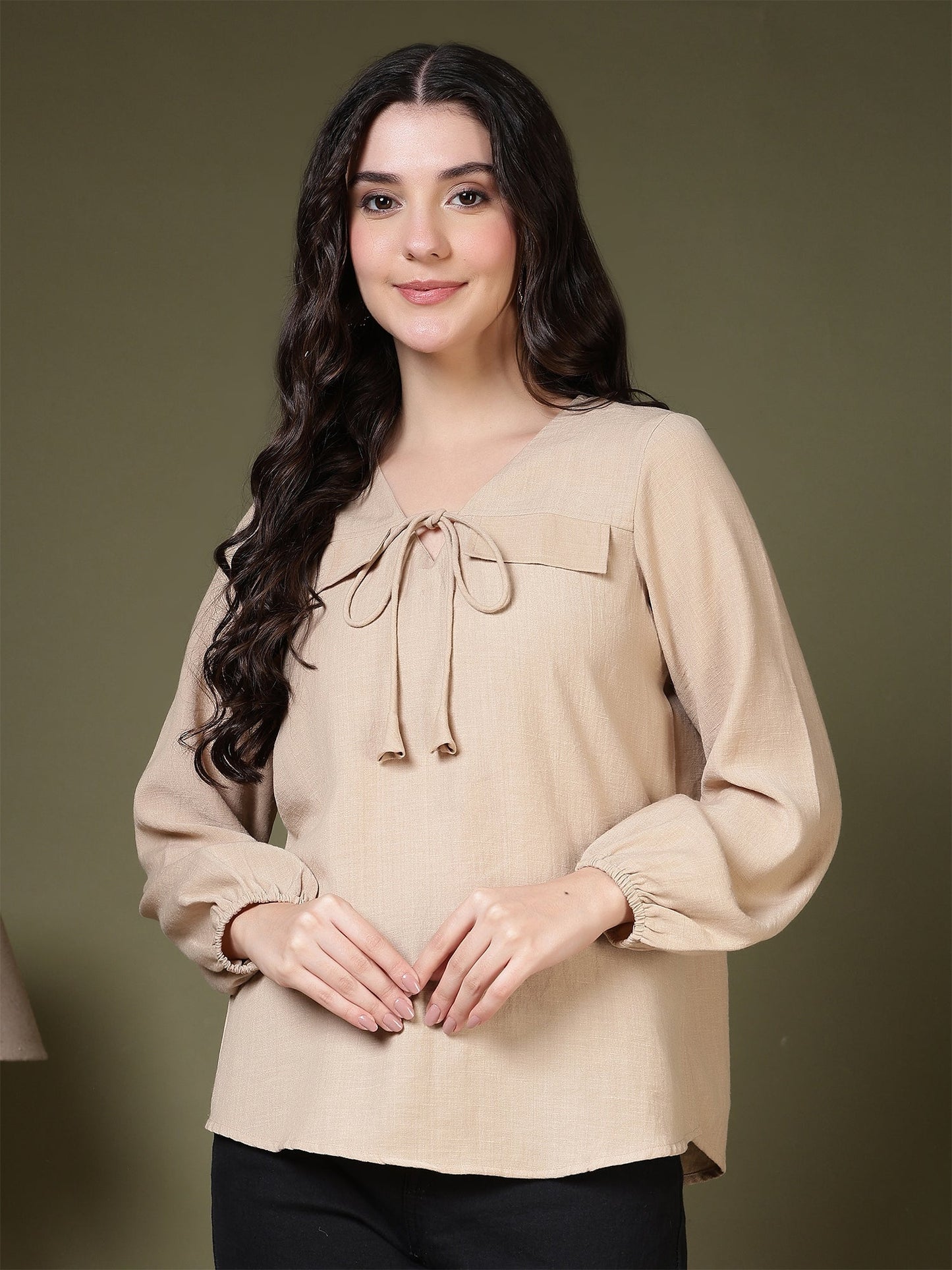 women tie neck long sleeve casual top for office daily wear 1