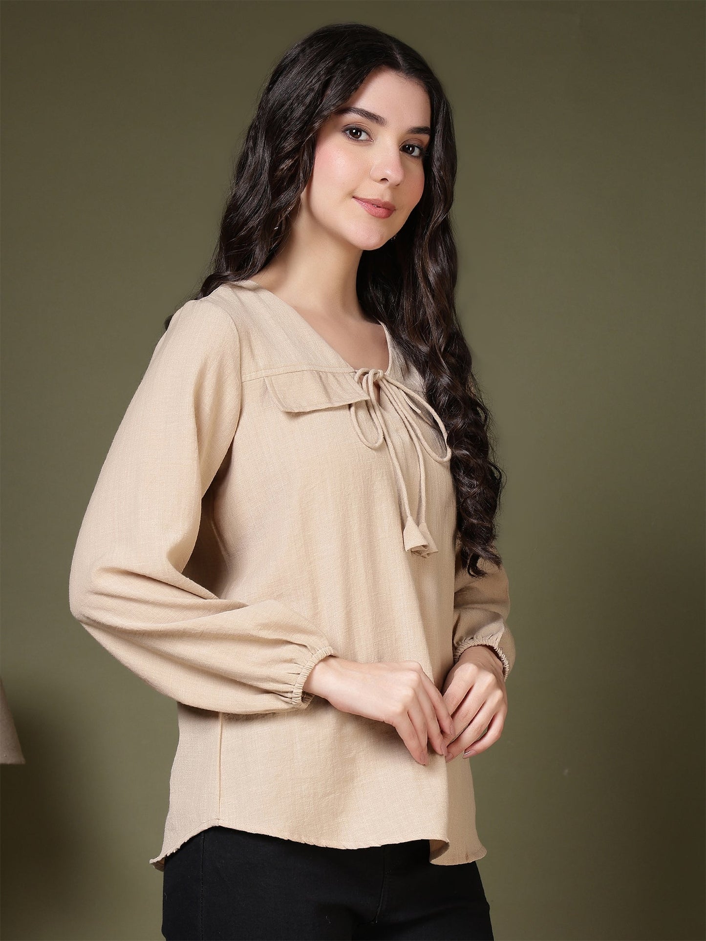women tie neck long sleeve casual top for office daily wear 1