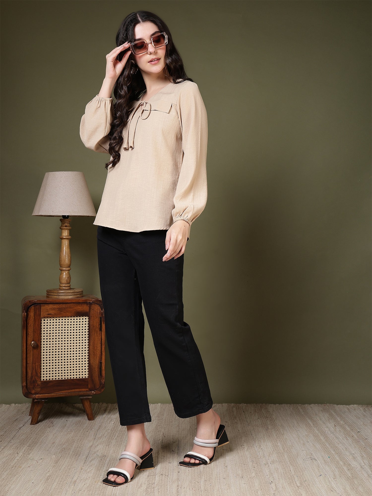 women tie neck long sleeve casual top for office daily wear 1
