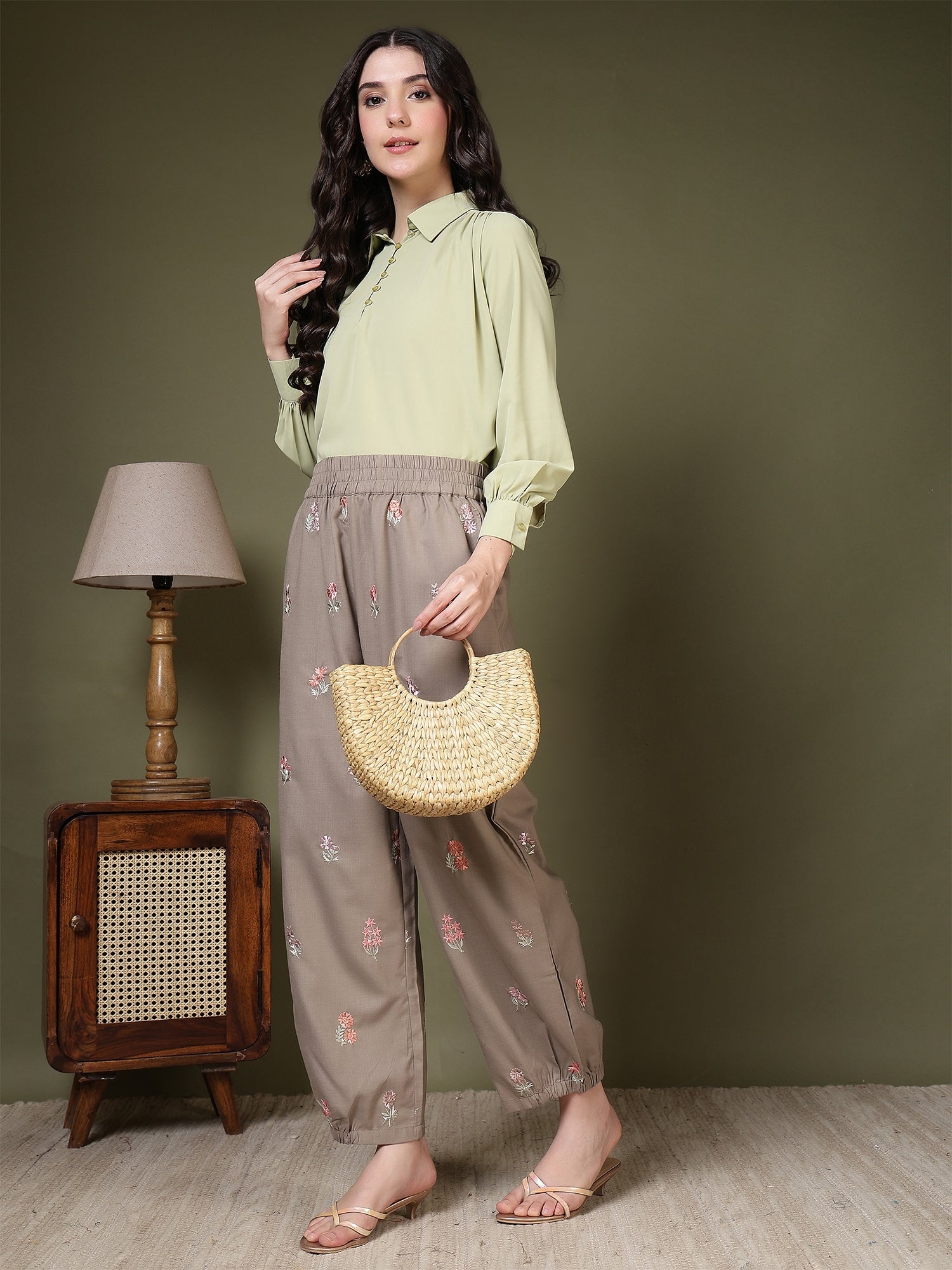 women embroidered relaxed fit elasticated waist casual trouser