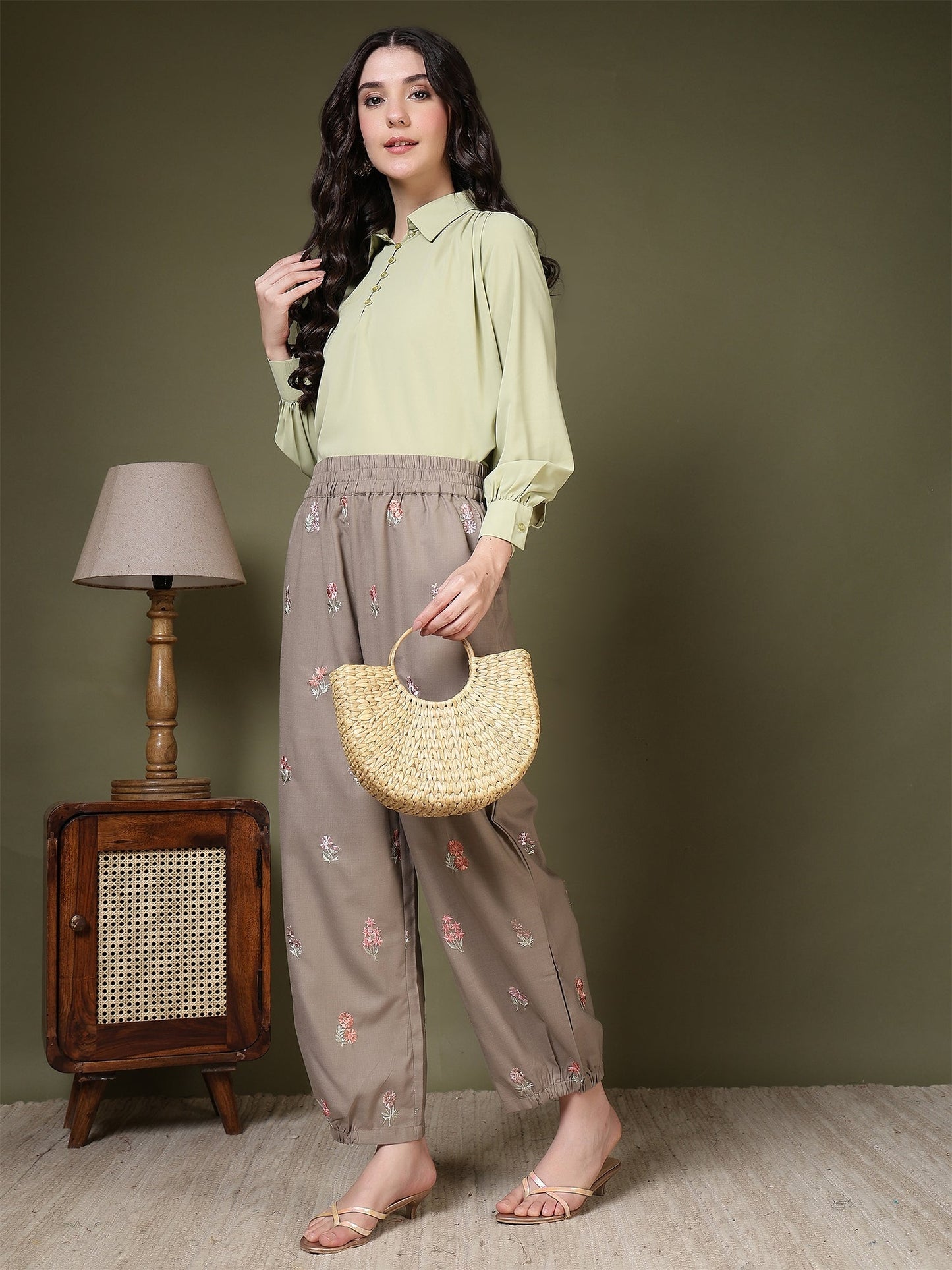 women embroidered relaxed fit elasticated waist casual trouser