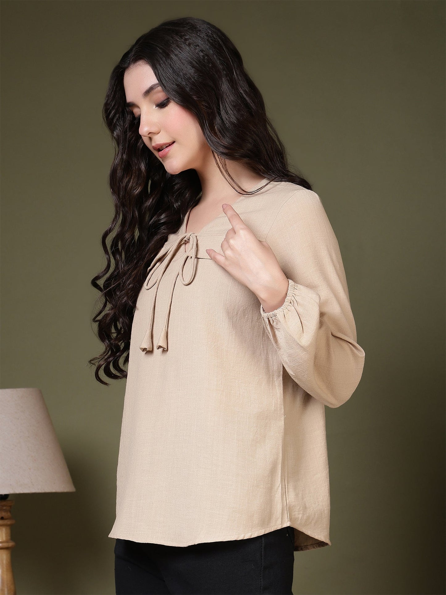 women tie neck long sleeve casual top for office daily wear 1