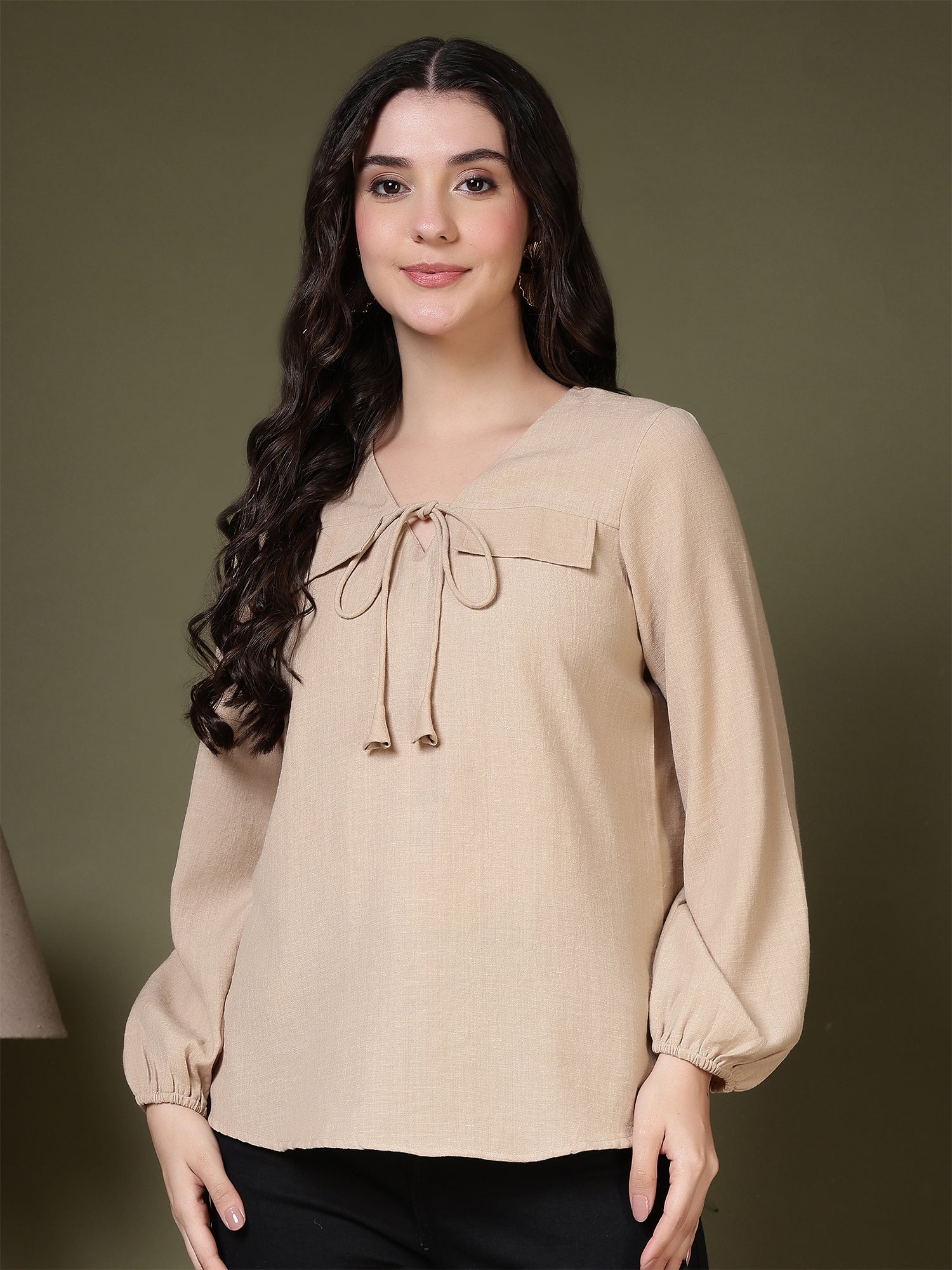 women tie neck long sleeve casual top for office daily wear 1