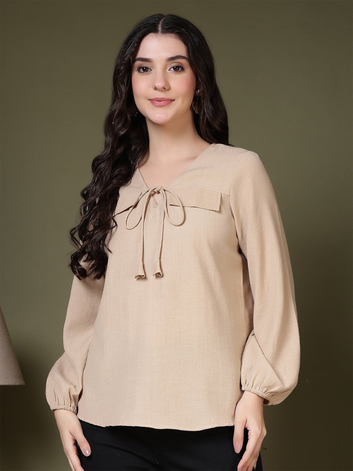 women tie neck long sleeve casual top for office daily wear 1