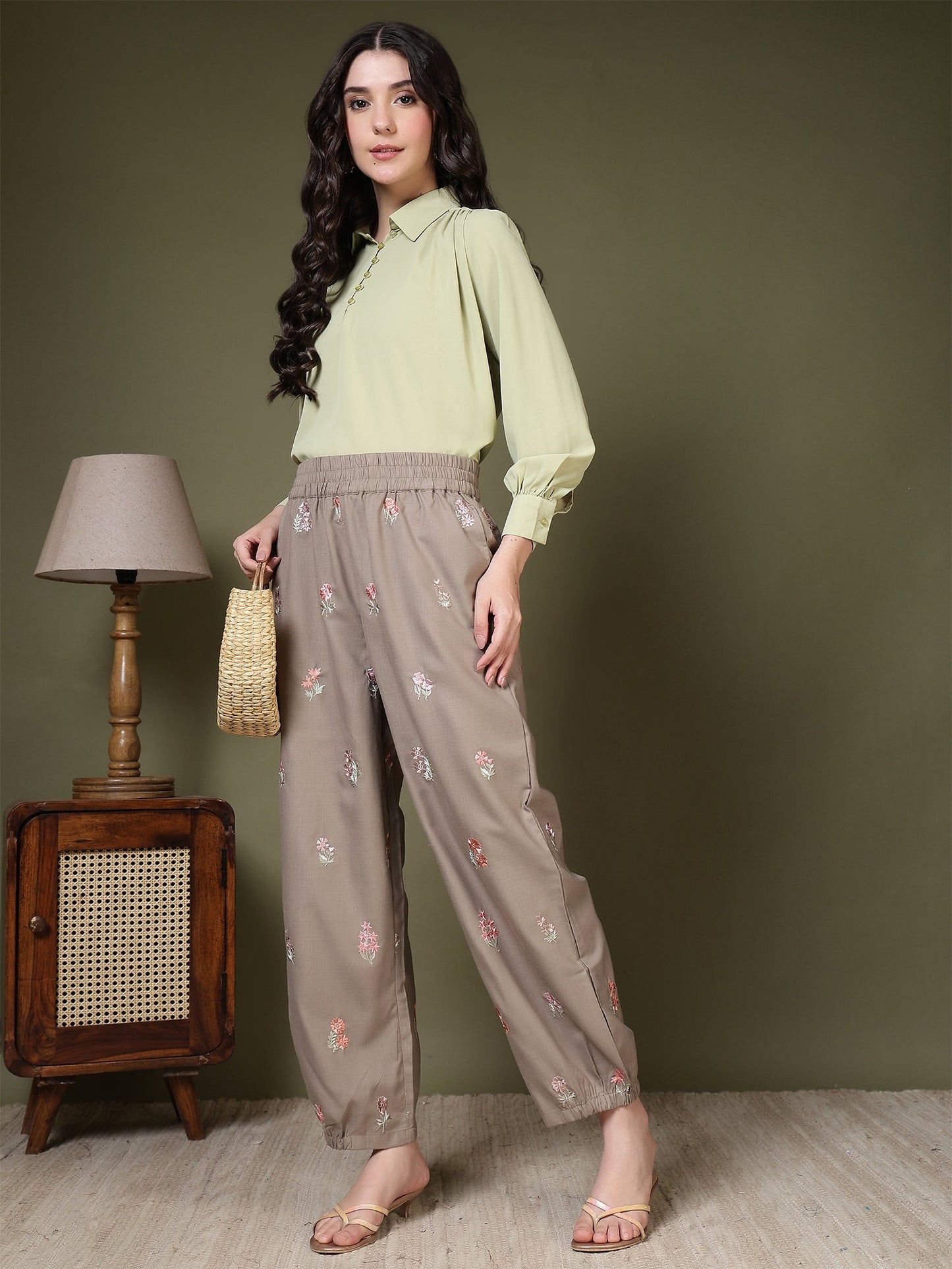 women embroidered relaxed fit elasticated waist casual trouser