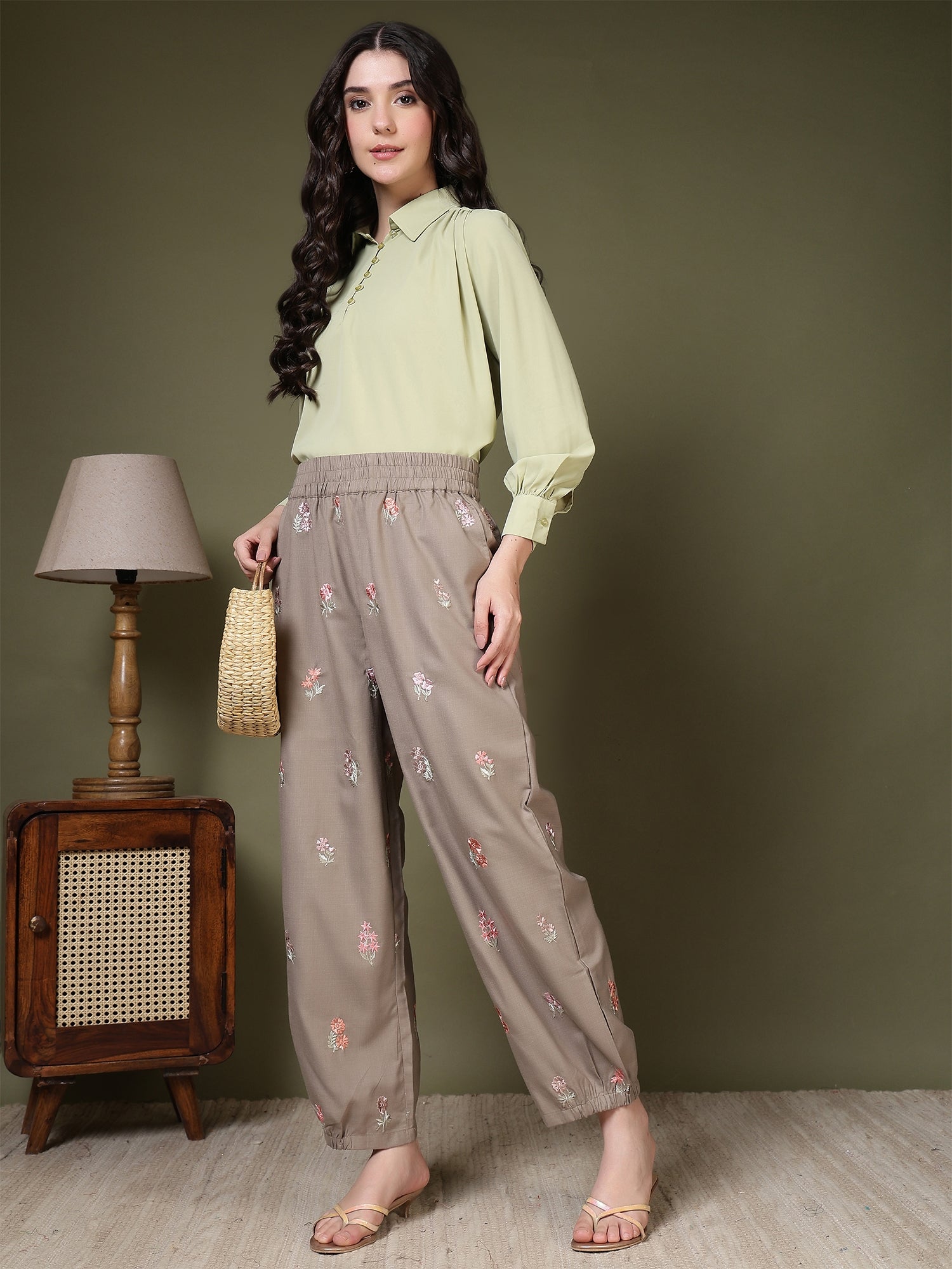 women embroidered relaxed fit elasticated waist casual trouser