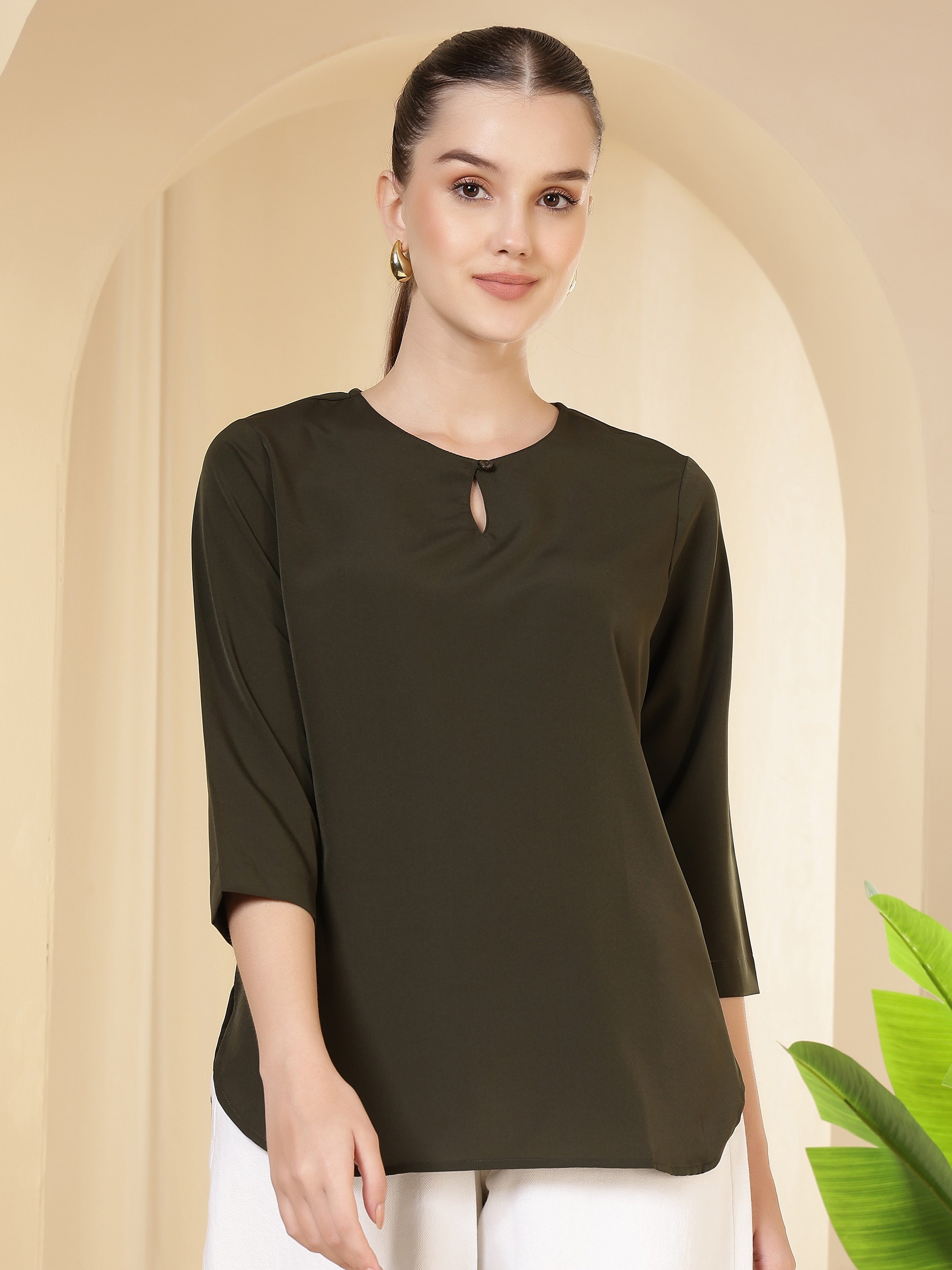 women solid keyhole neck with 3 4 sleeves lightweight casual office wear top 1