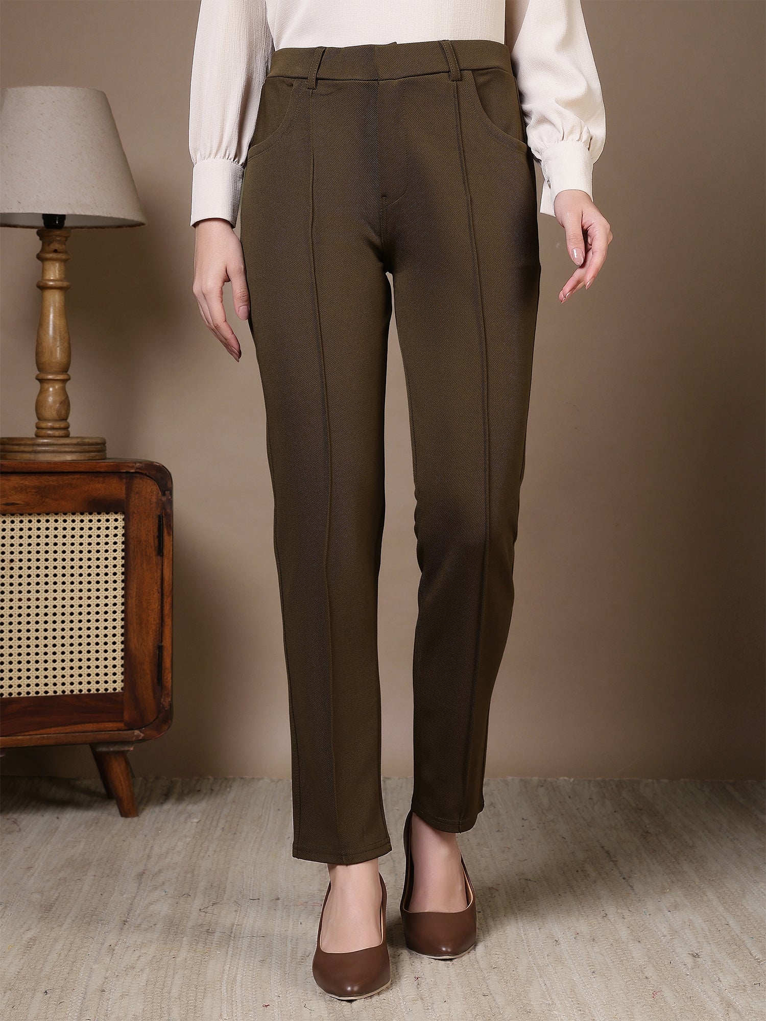 women straight fit formal trousers with front seam detailing