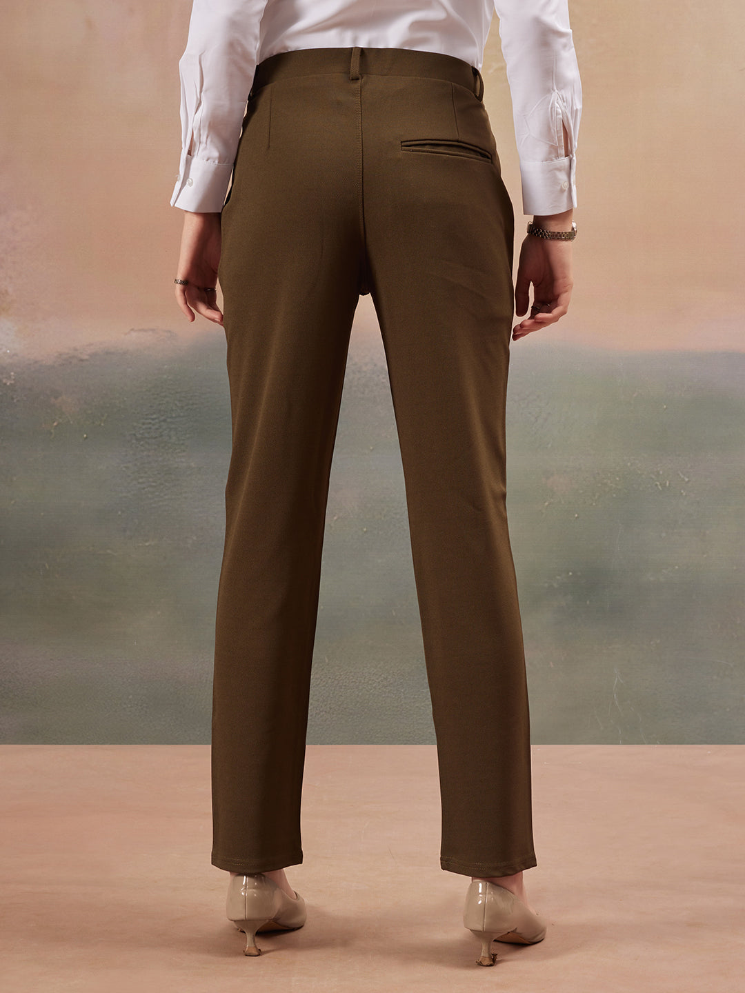 women mid rise wrinkle free plain formal trousers 1