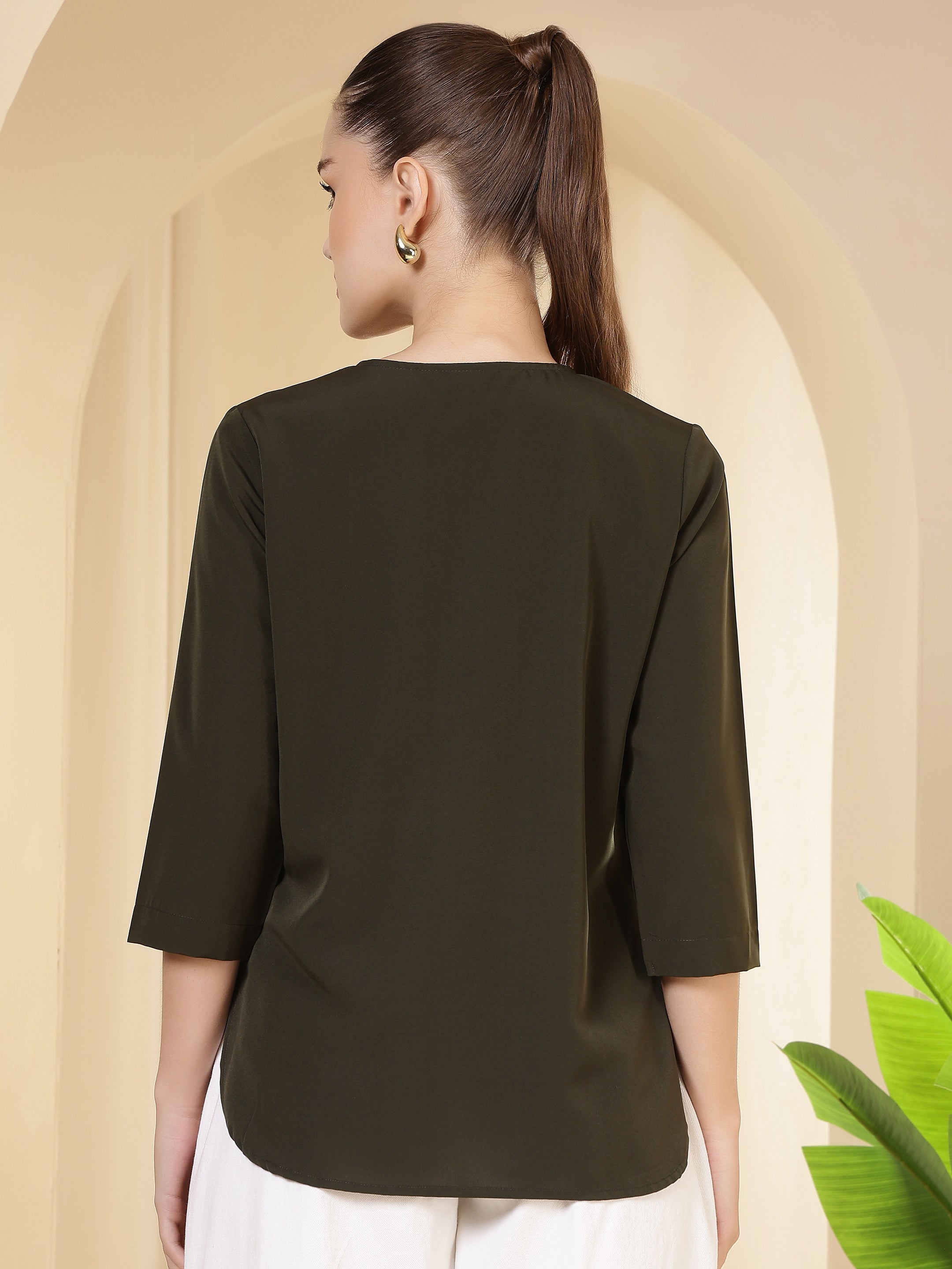 women solid keyhole neck with 3 4 sleeves lightweight casual office wear top 1