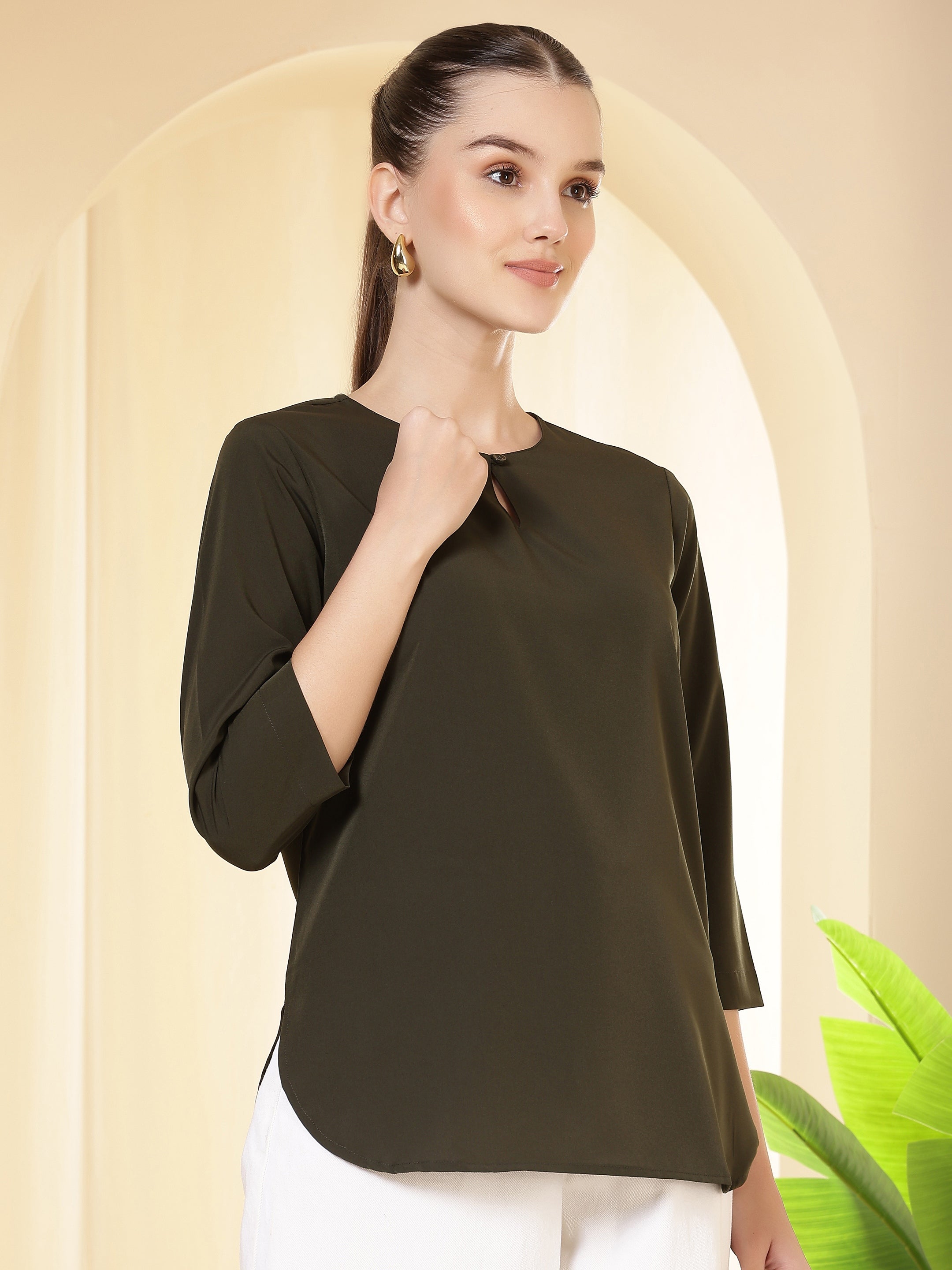 women solid keyhole neck with 3 4 sleeves lightweight casual office wear top 1