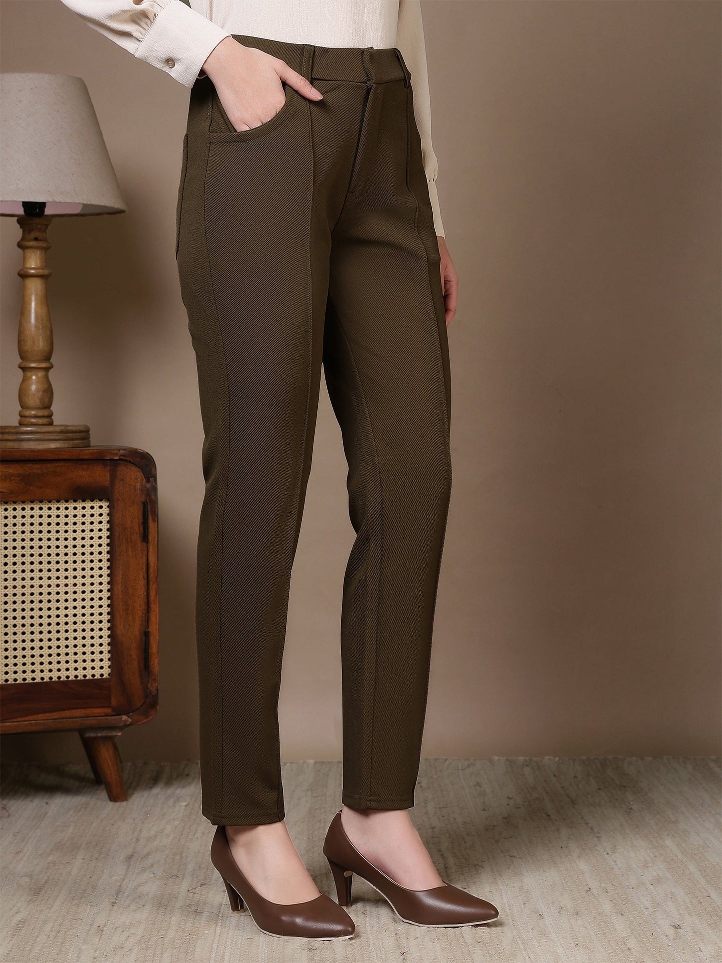 women straight fit formal trousers with front seam detailing