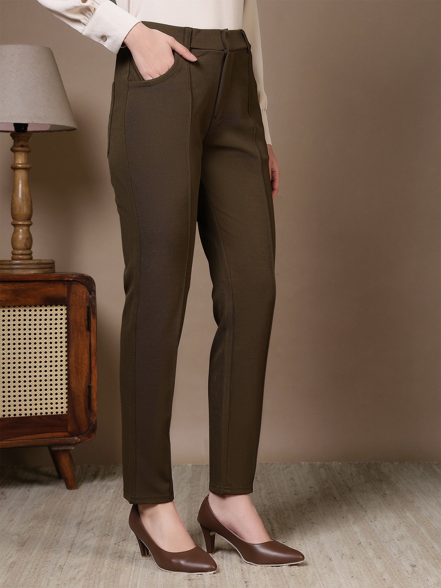 women straight fit formal trousers with front seam detailing