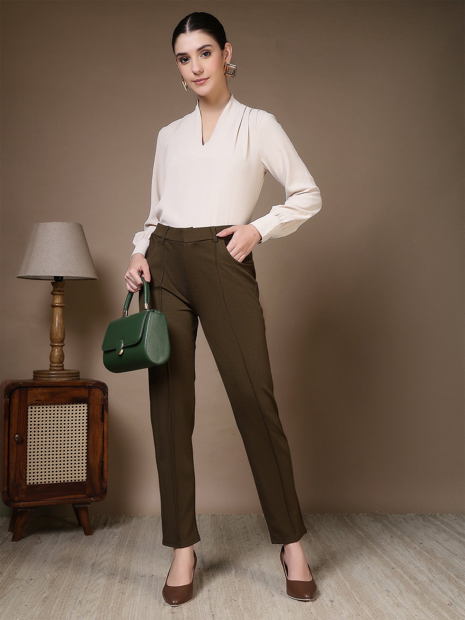 women straight fit formal trousers with front seam detailing