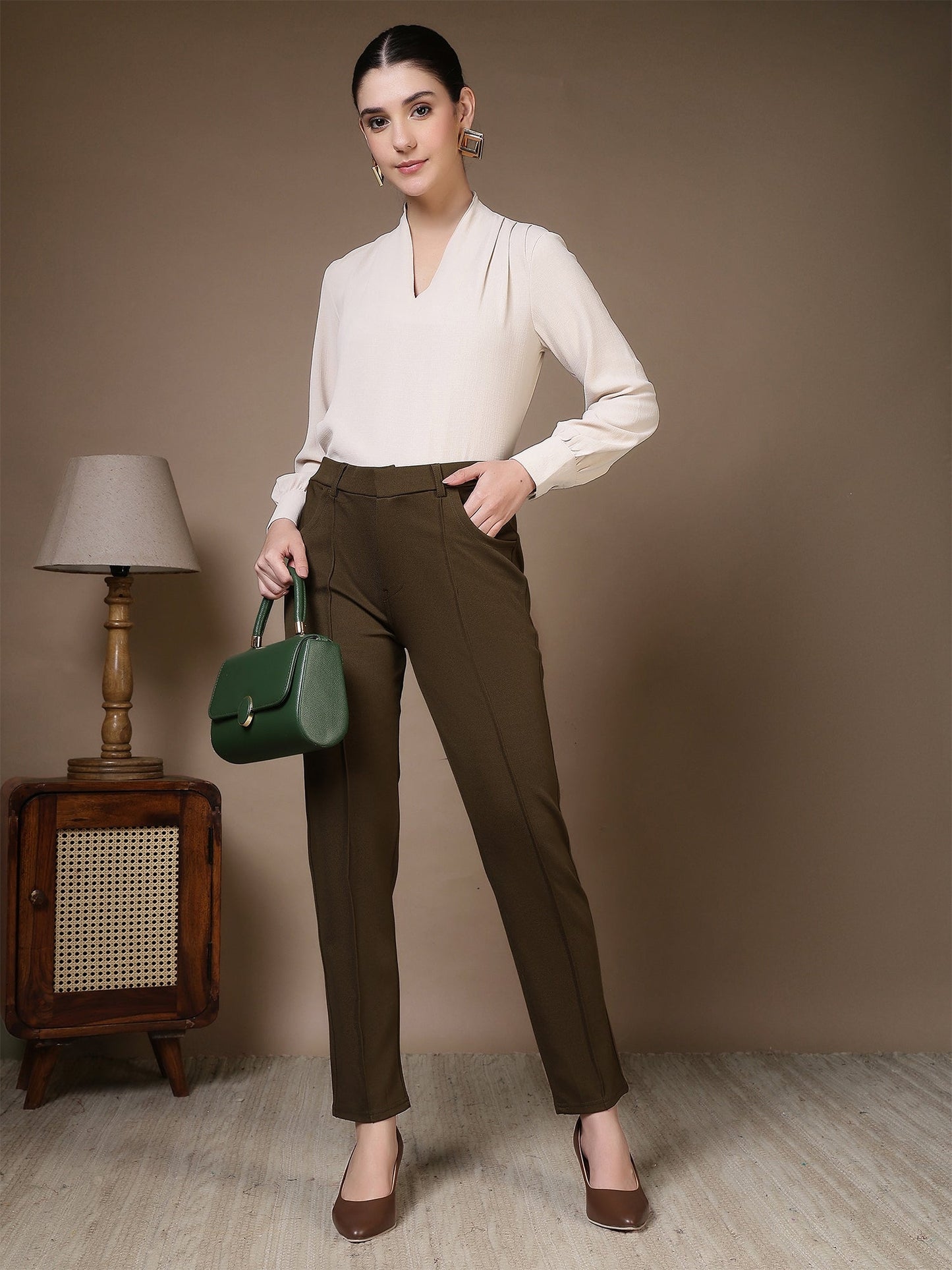 women straight fit formal trousers with front seam detailing