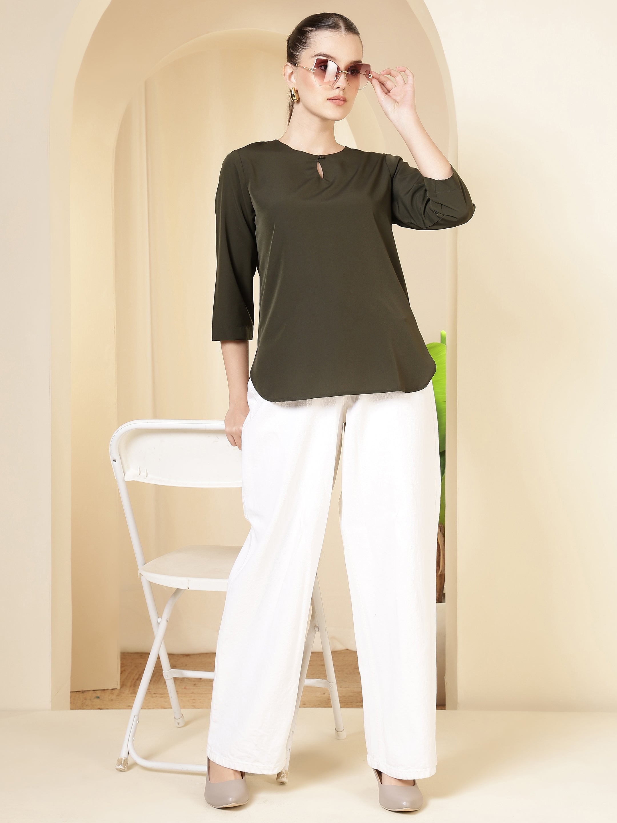 women solid keyhole neck with 3 4 sleeves lightweight casual office wear top 1