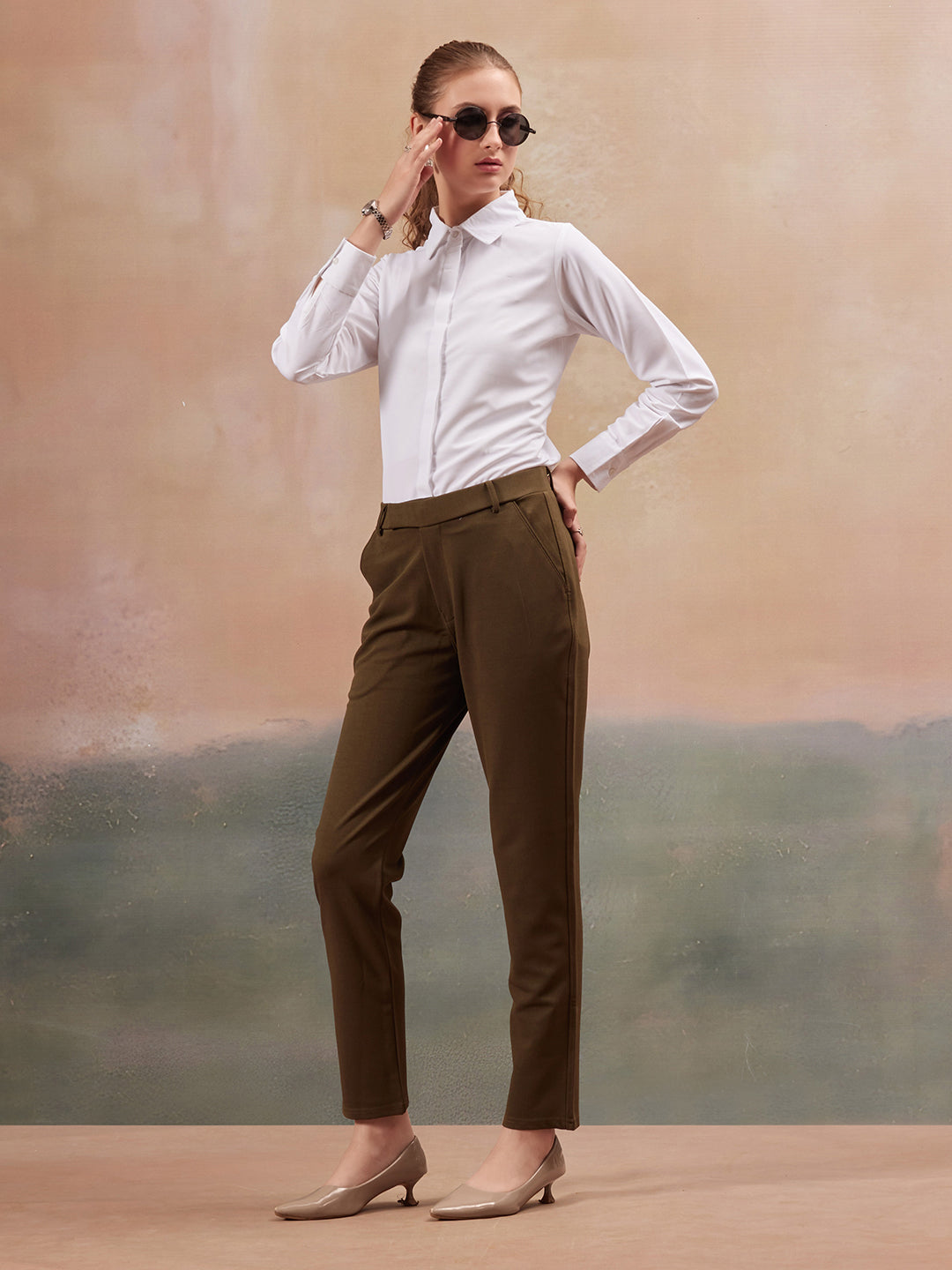 women mid rise wrinkle free plain formal trousers 1