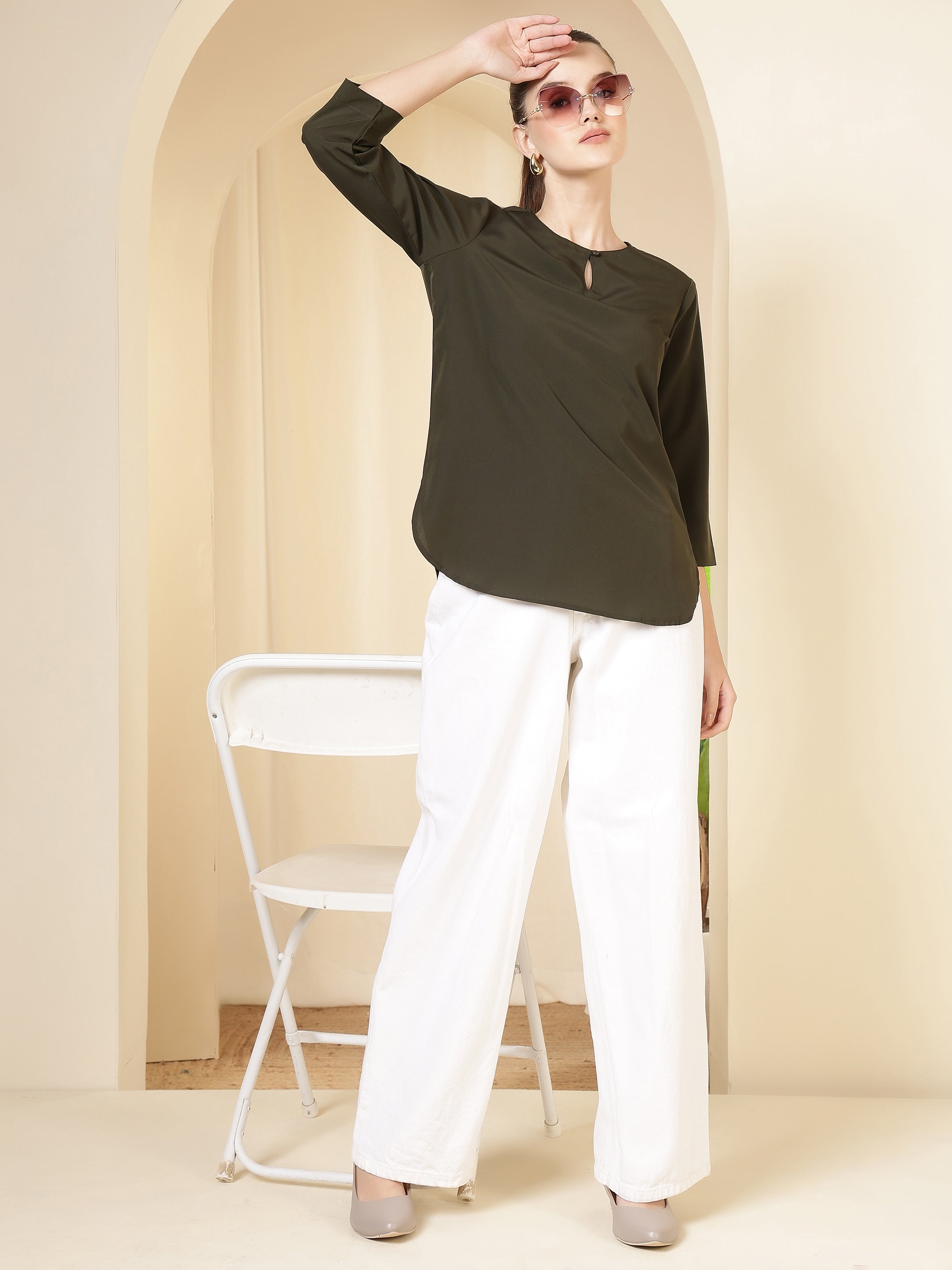 women solid keyhole neck with 3 4 sleeves lightweight casual office wear top 1
